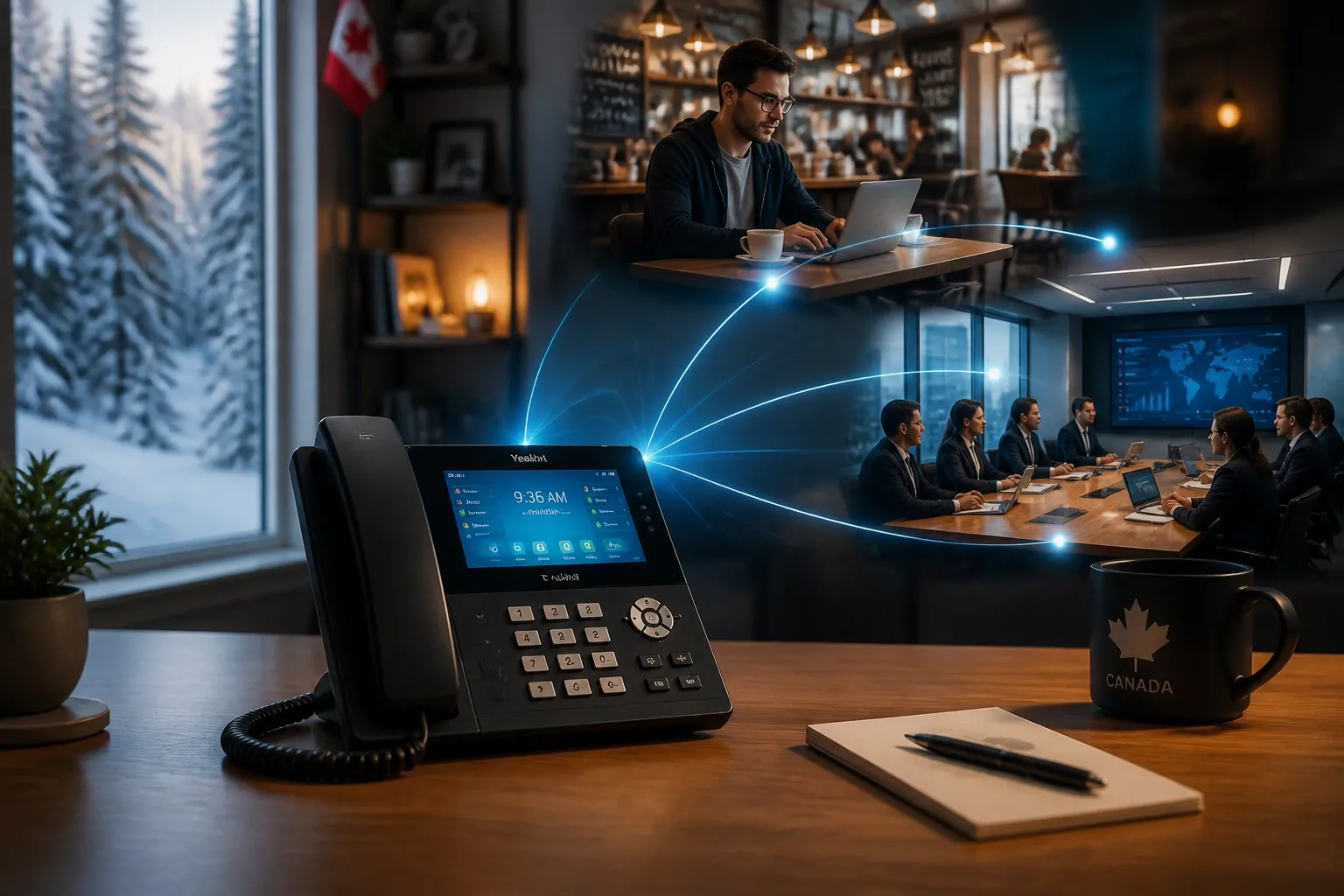 Hybrid workforce communication showing a home office connected to a corporate network via VoIP.
