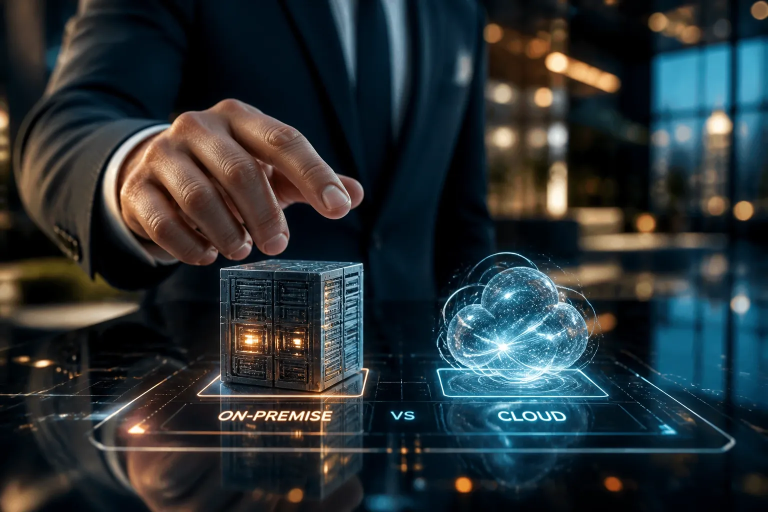 Professional choosing between on-premise infrastructure and flexible cloud PBX solutions.