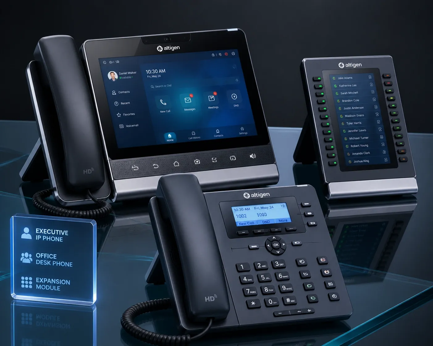 A variety of business VoIP hardware including executive IP phones and expansion modules.