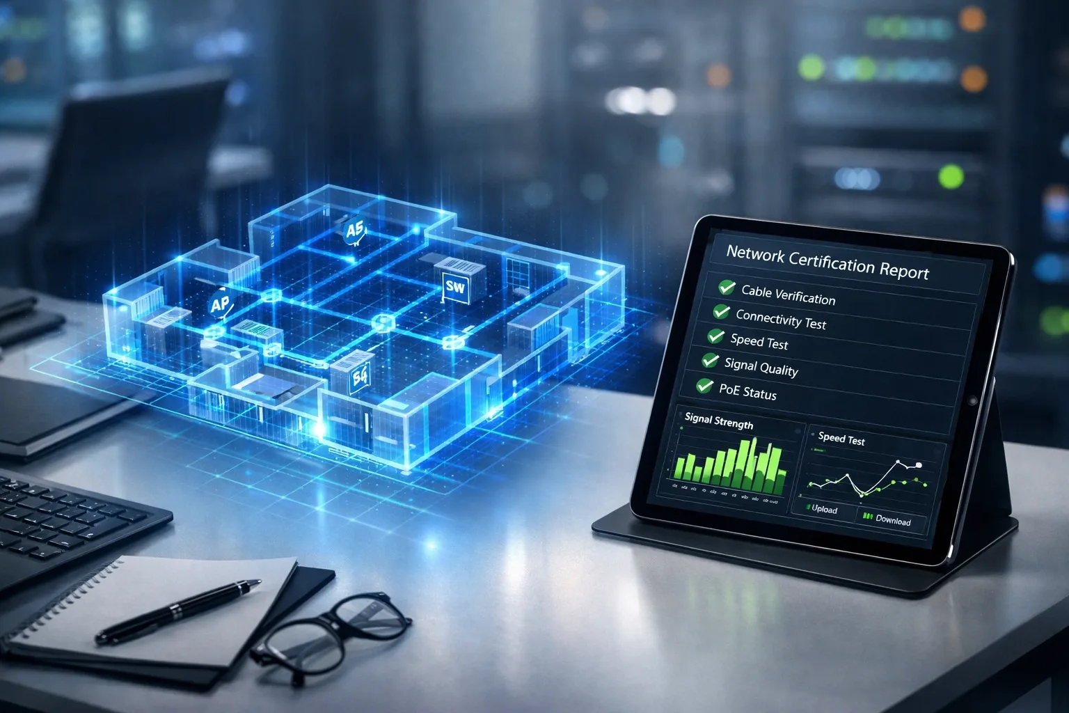 Professional network cabling digital map and certification report for organized office infrastructure.