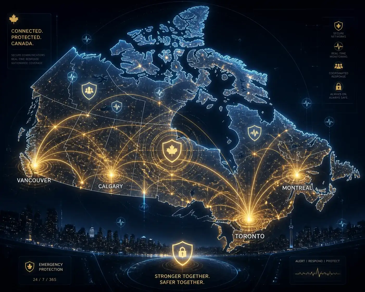 Digital map of Canada highlighting secure connectivity for VoIP 911 and business phone systems.