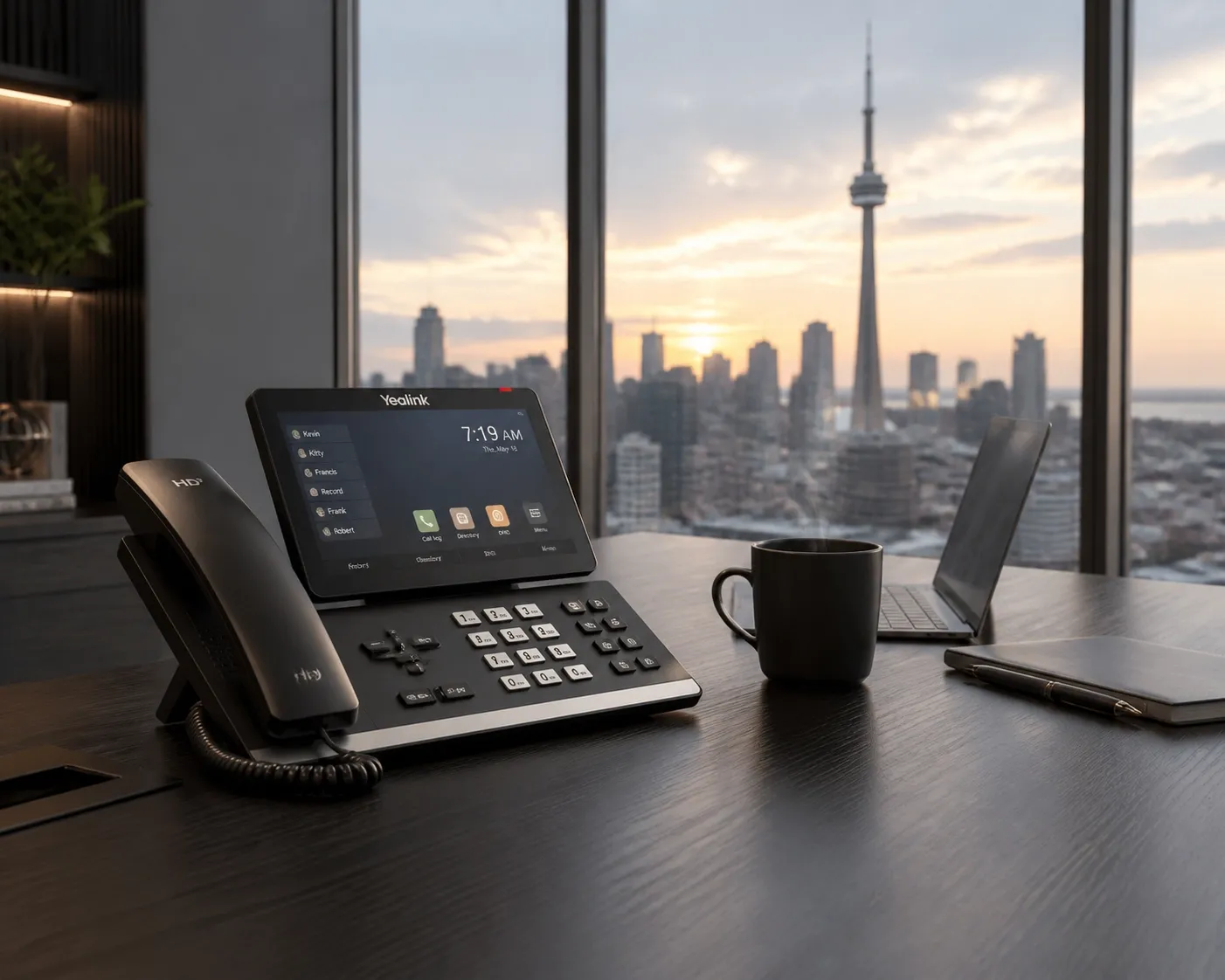 Advanced IP phone integrated with cloud PBX Canada on a professional modern office desk.