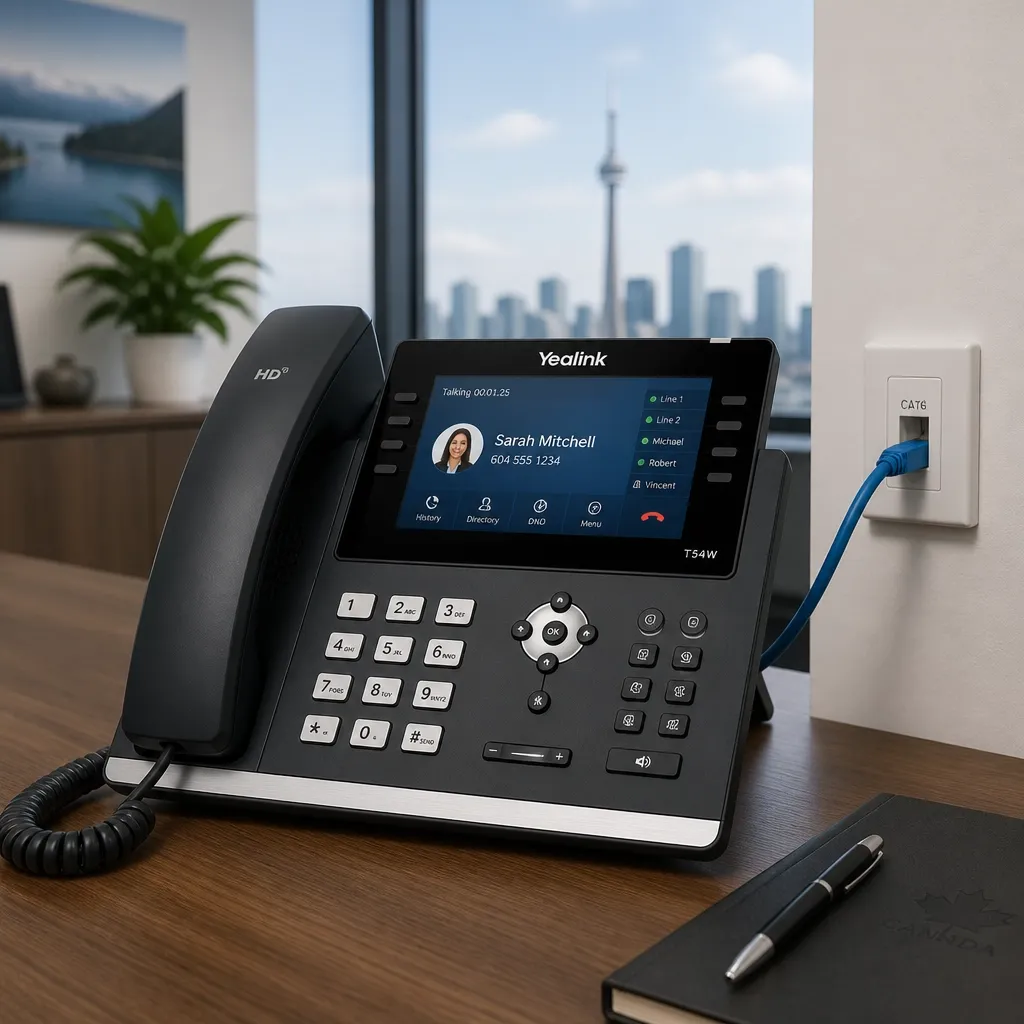 An IP phone connected via a high-quality Cat6 cable to a wall jack in a Canadian office