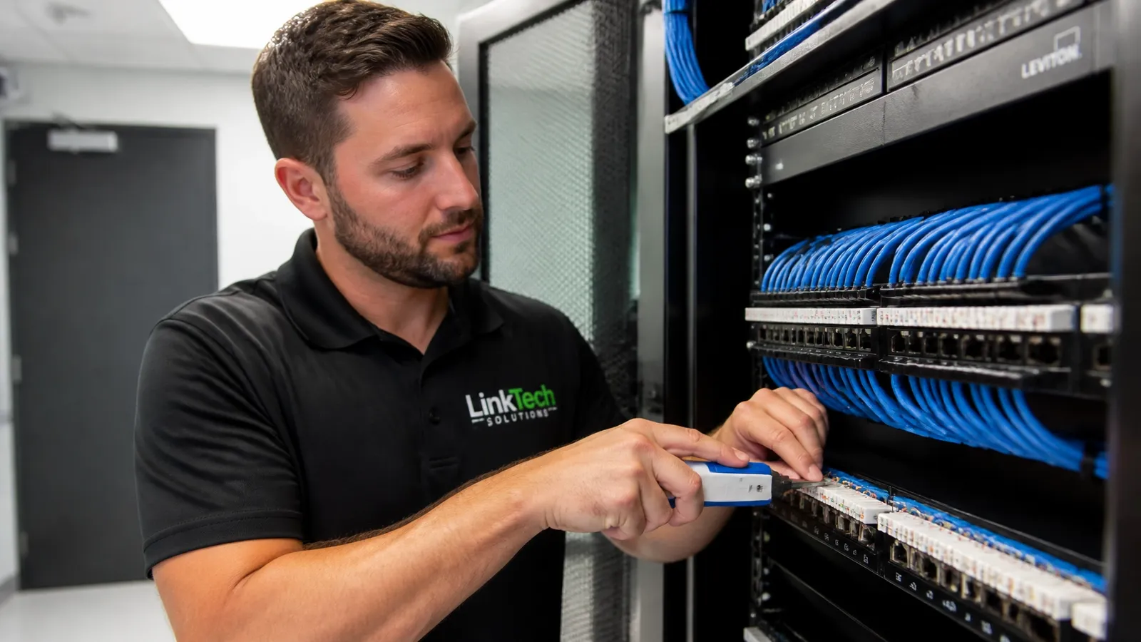 A professional technician installing a patch panel for an office structured cabling project