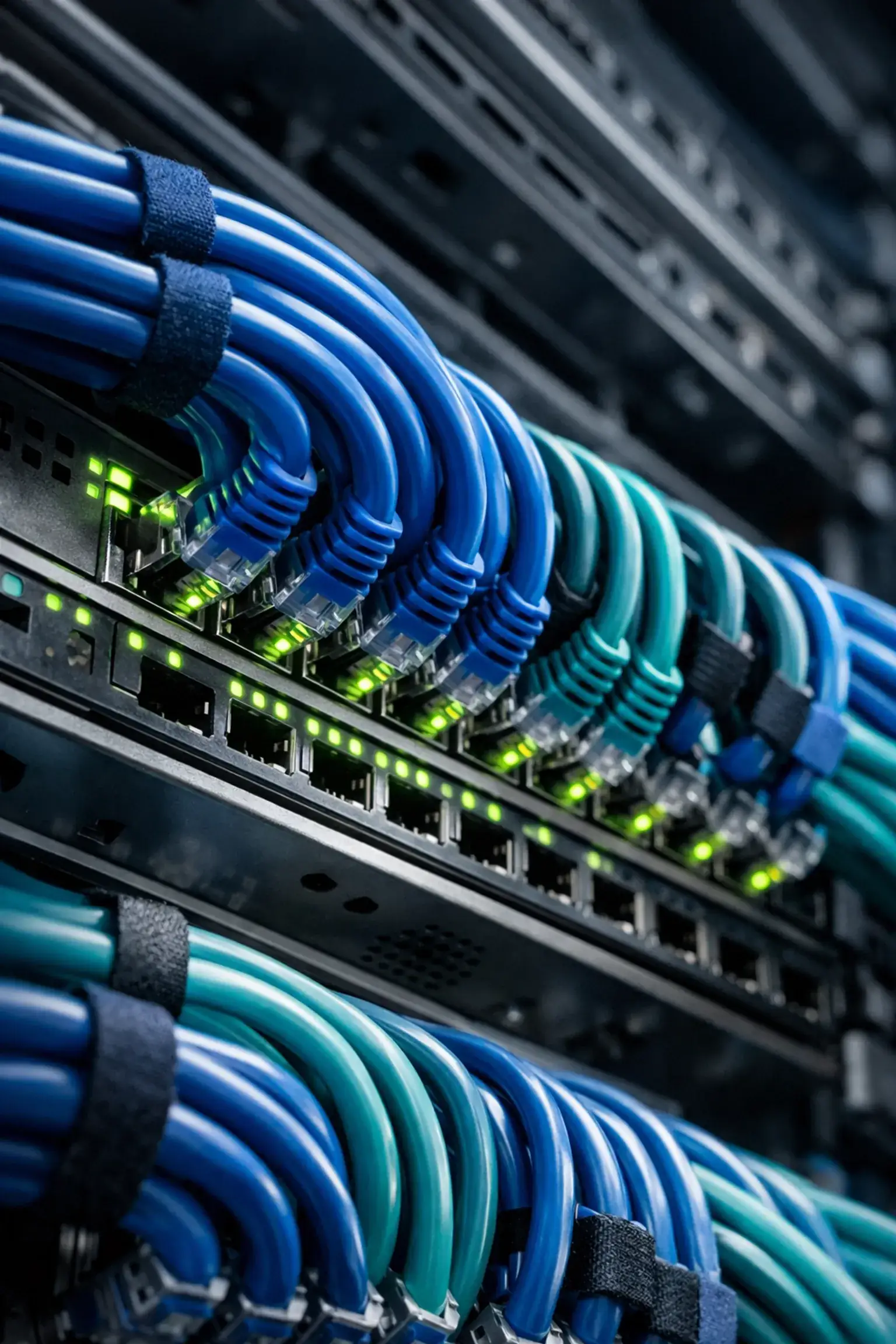 Professional structured cabling services and Ethernet wiring in a server rack for business networking.