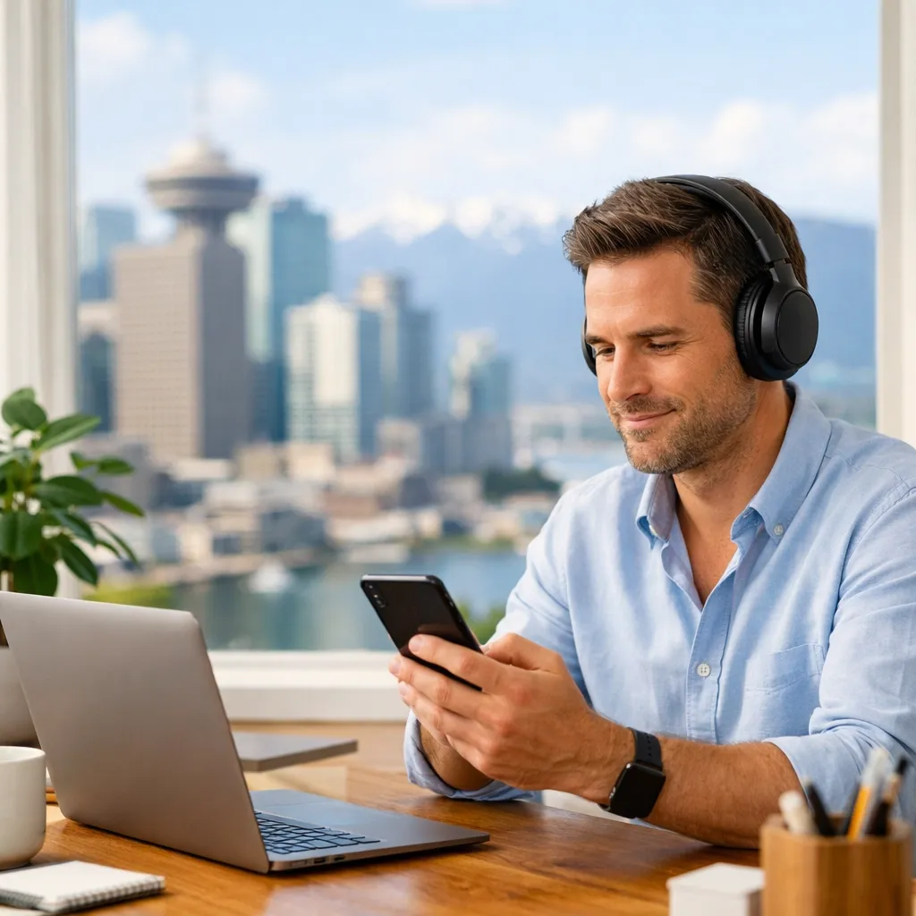 Remote worker in Canada using a cloud PBX mobile app and headphones to handle business calls anywhere.