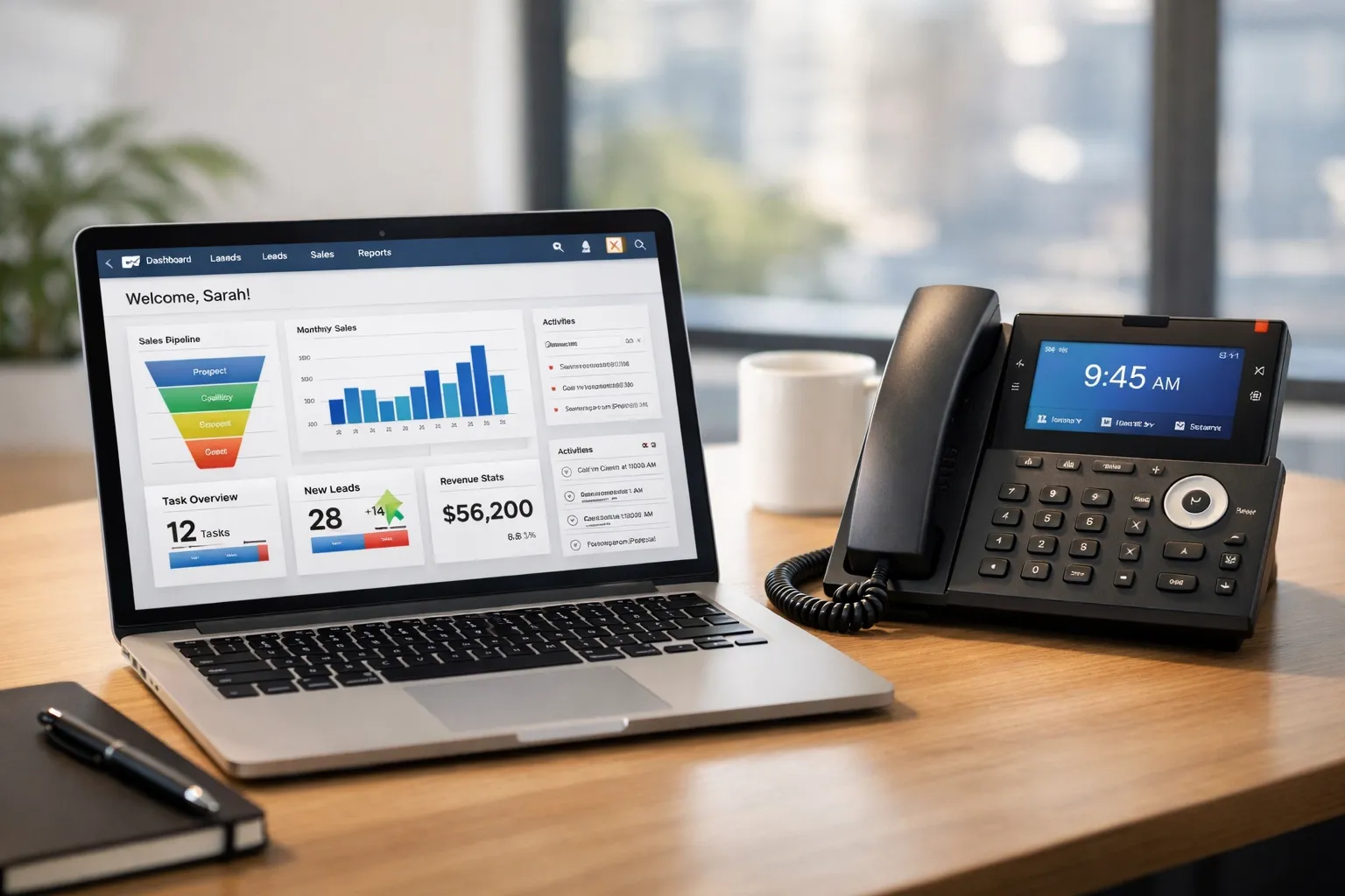 Office desk with IP phone integrated with CRM software for a seamless cloud call center solution.