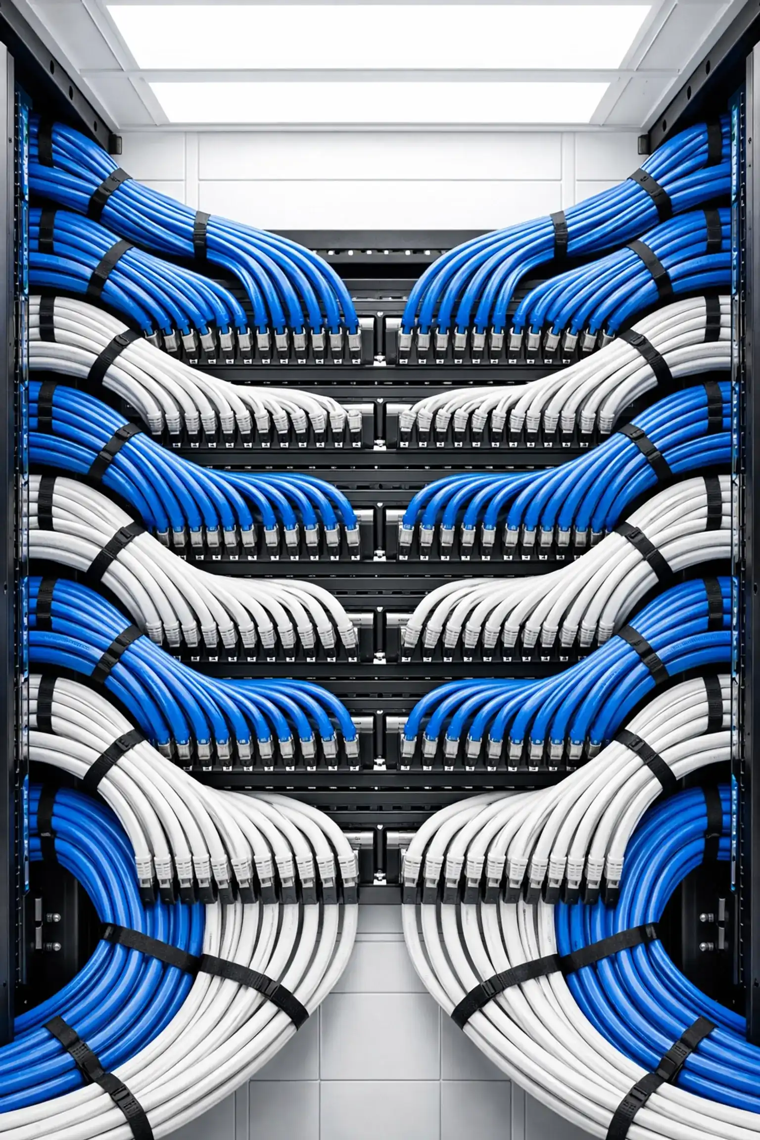 Professional structured cabling services featuring organized Cat6 data cables in a server room.