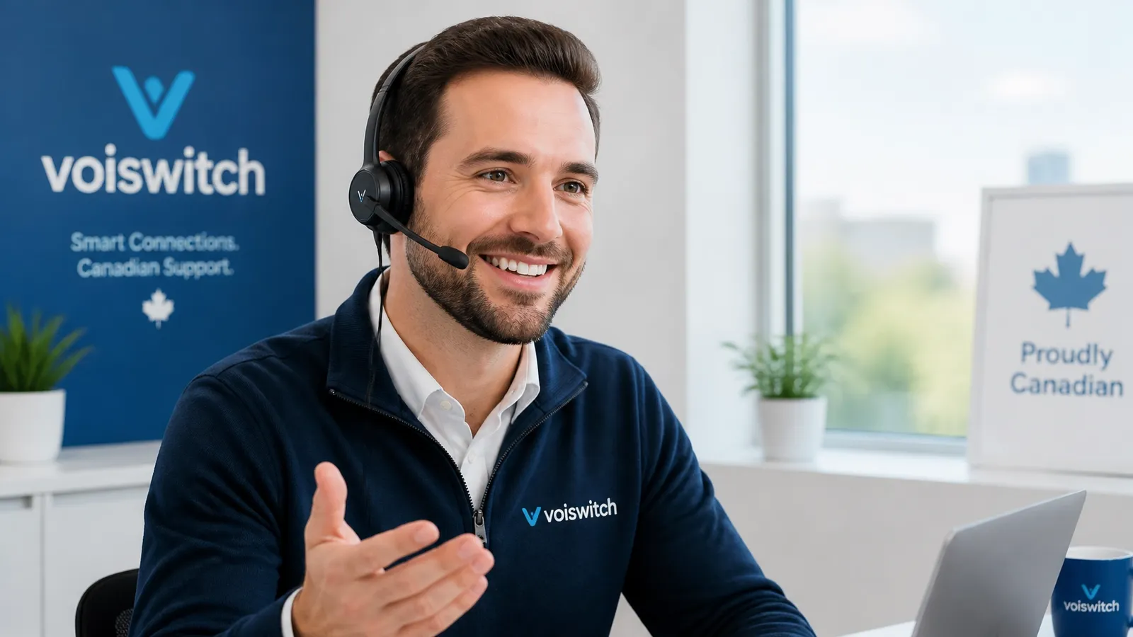 A friendly, professional Canadian business consultant providing support, representing the value of a local VoIP partner.