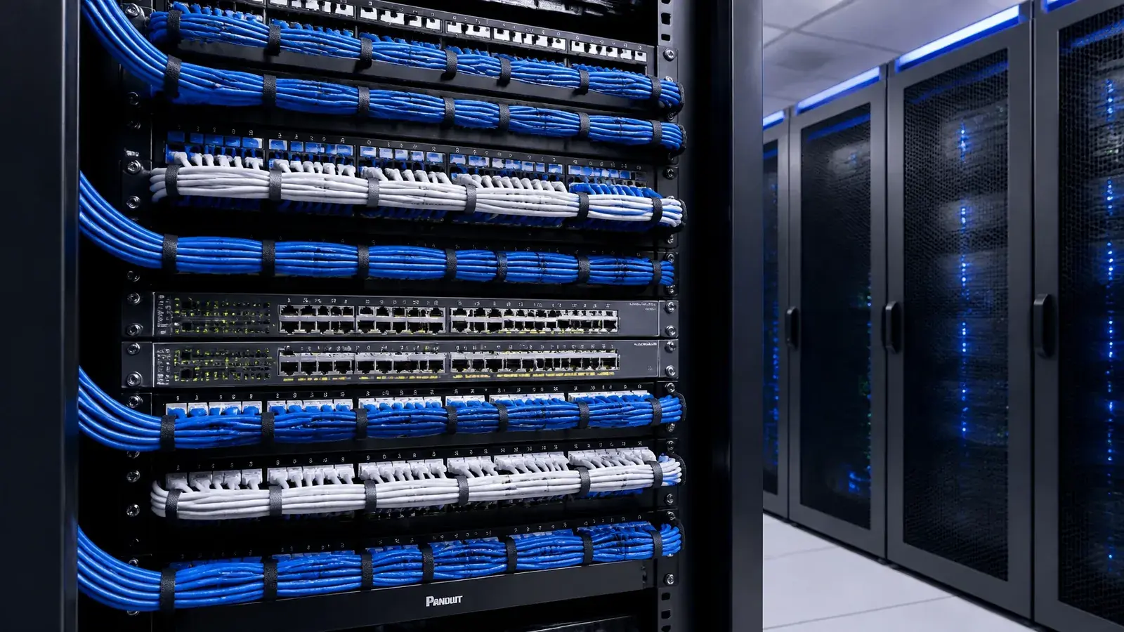 Organized network cabling in a server rack, highlighting the importance of professional structured cabling for reliable VoIP performance.
