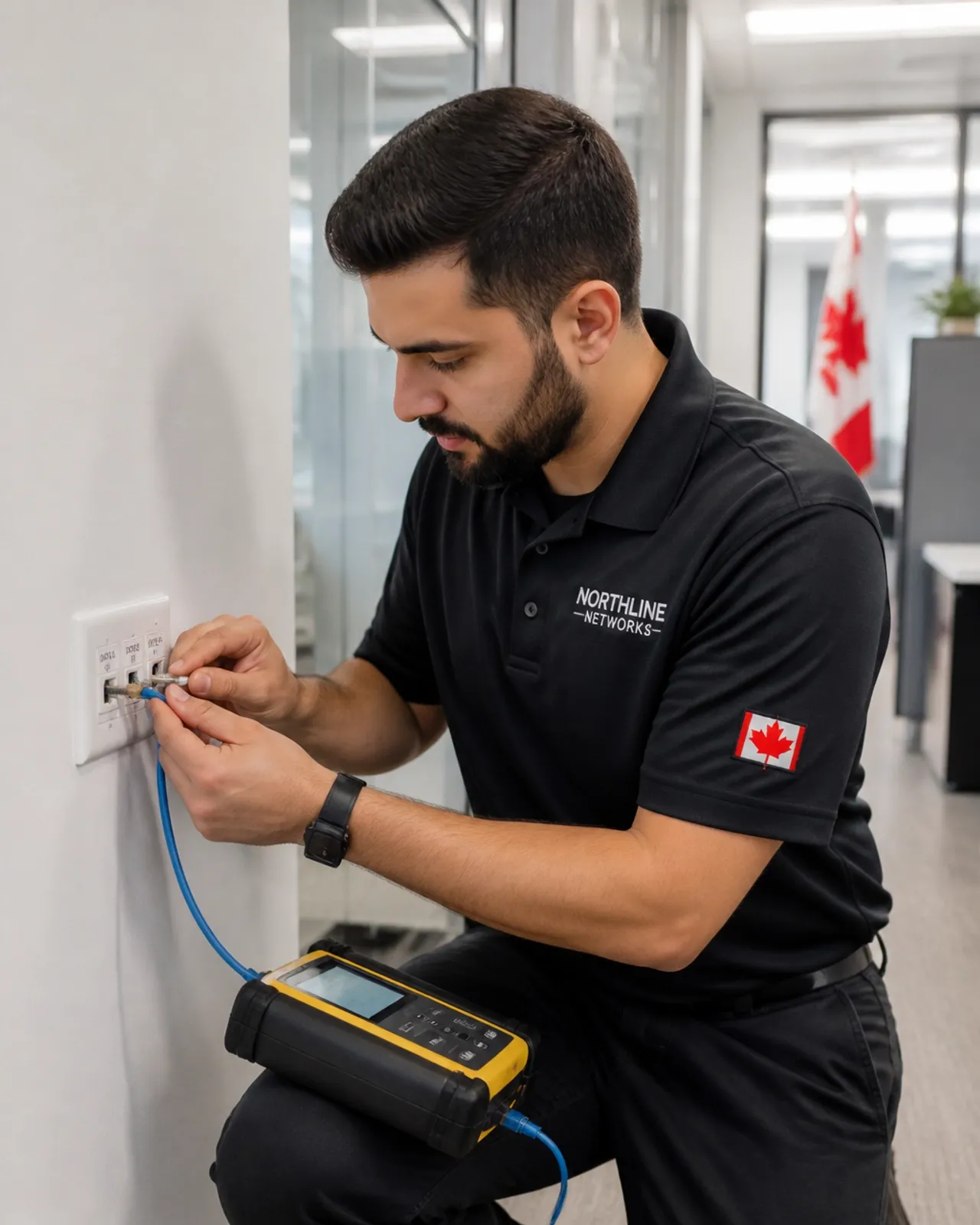 A professional technician installing and labeling network ports in a modern office