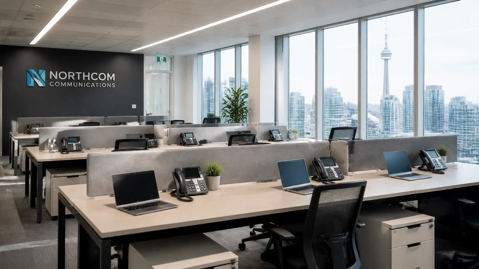 A modern Toronto office showing clean workstations with VoIP phones and no visible cable clutter
