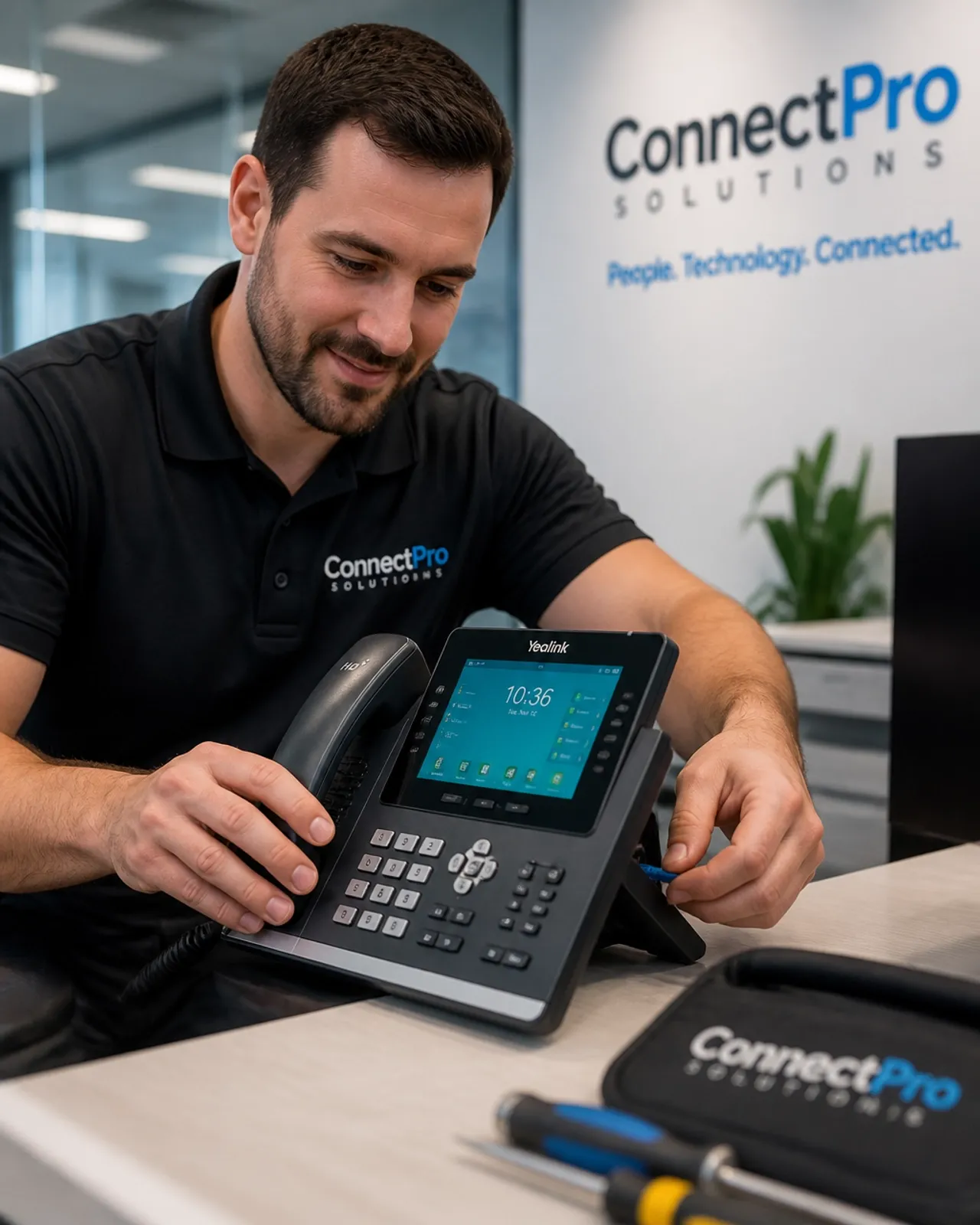 Technician installing modern IP phone hardware in a Canadian office