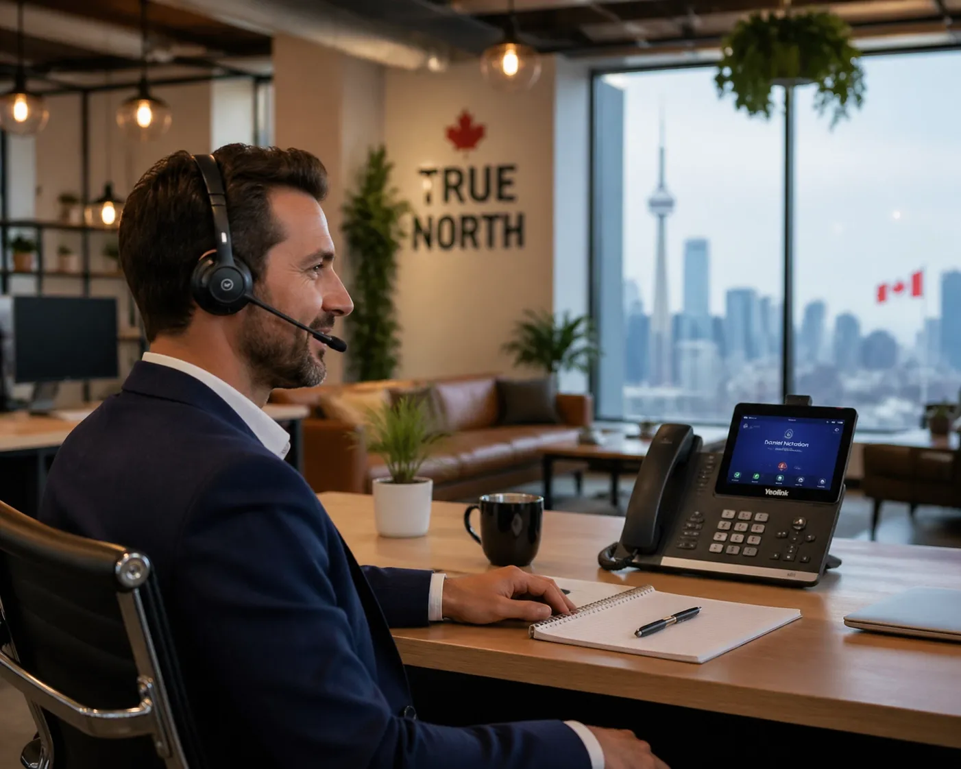 Office professional using business VoIP Canada and an IP phone in a modern workspace.