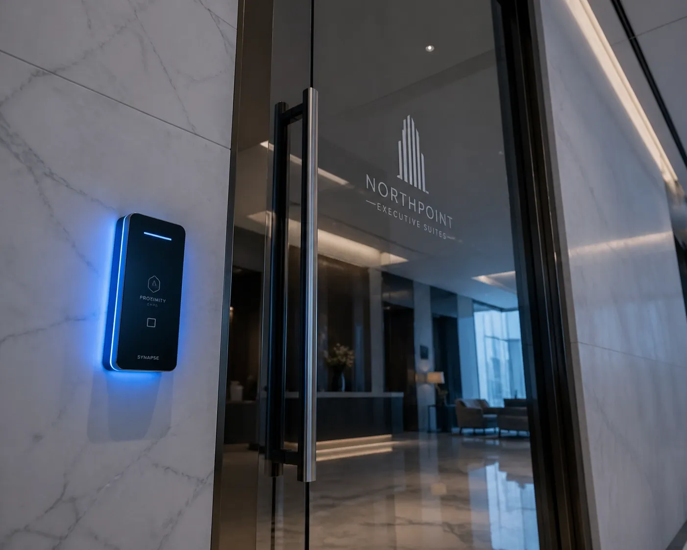 Modern office access control reader on a glass door for integrated business security.