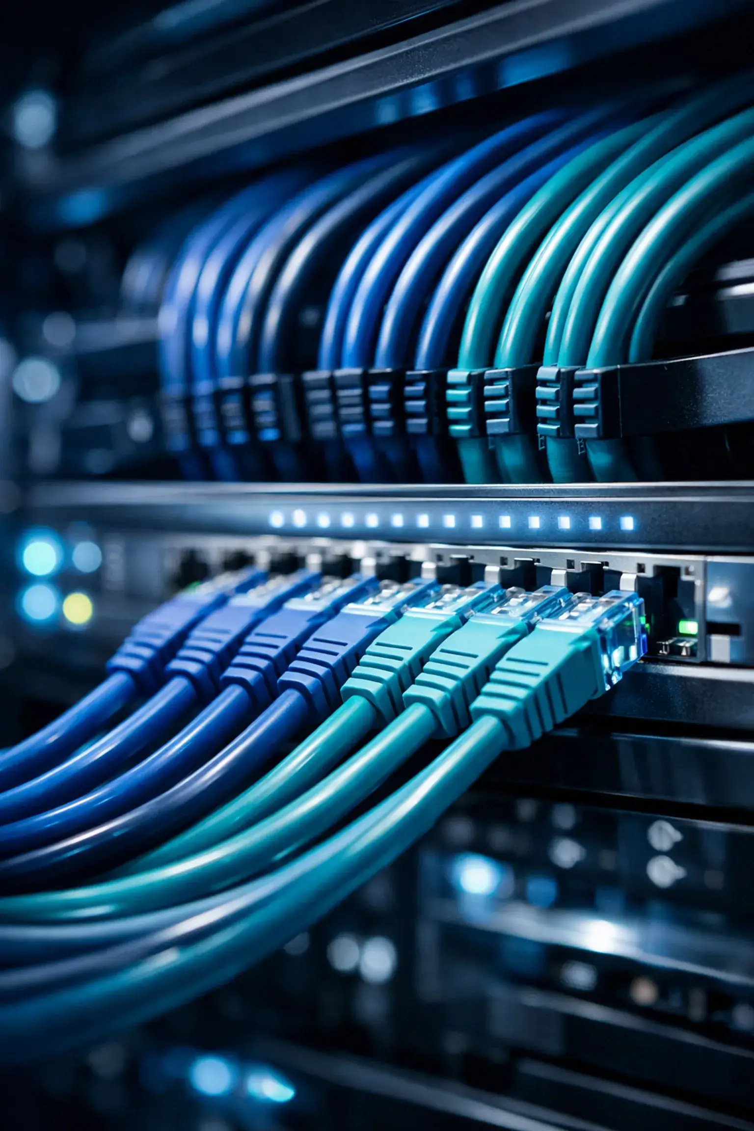 Close-up of organized network cables, representing professional structured cabling services for VoIP.