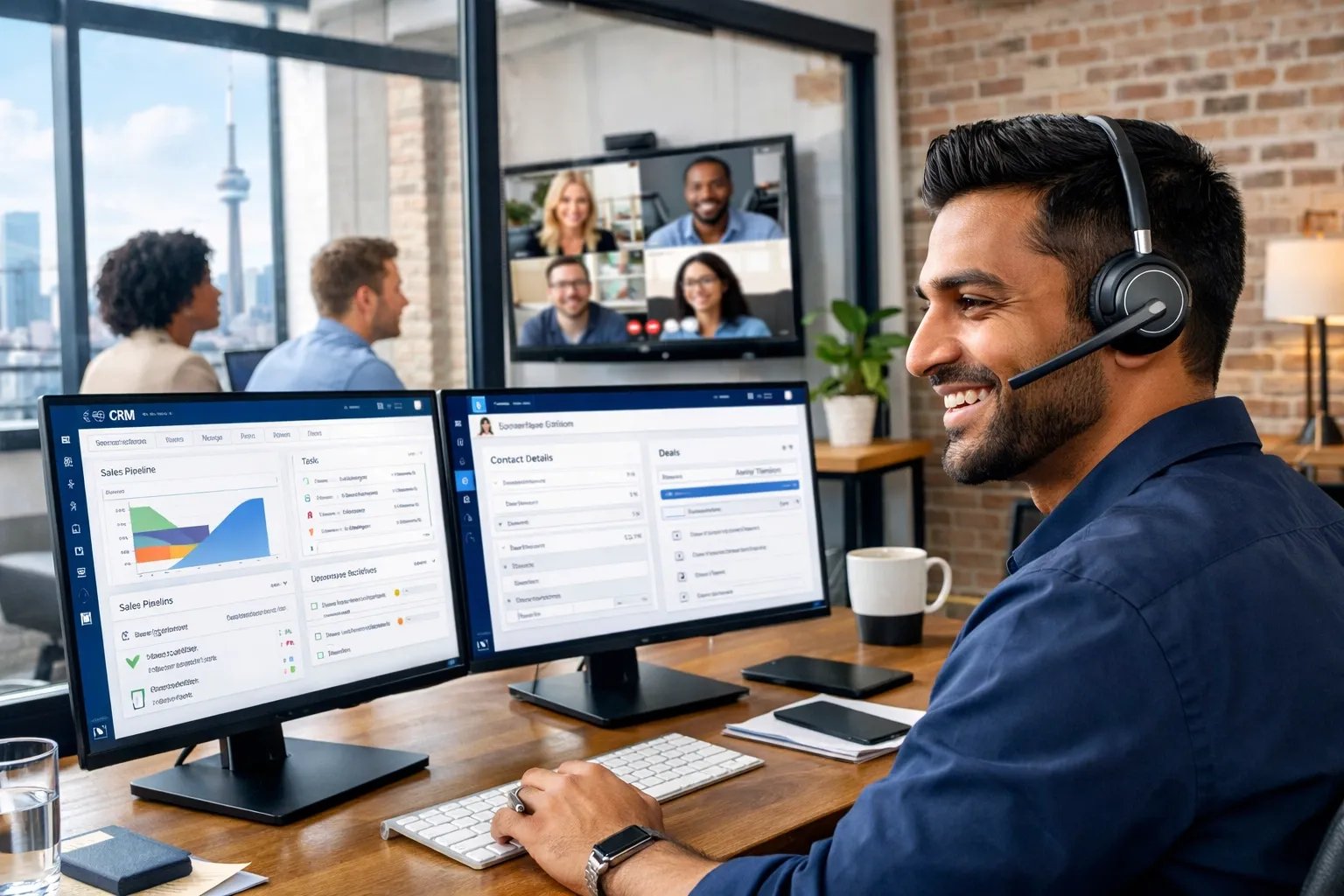 Professional team in a Toronto office using cloud PBX Canada tools for streamlined communication.