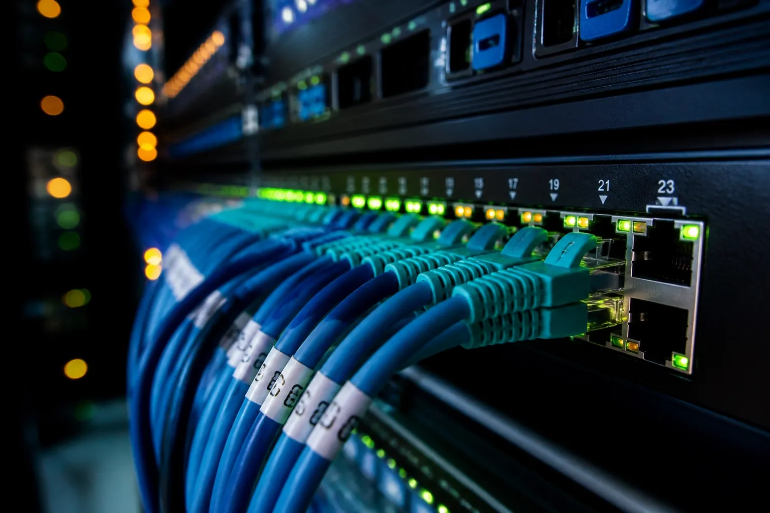 High-speed structured cabling services with organized network cables for reliable business internet.
