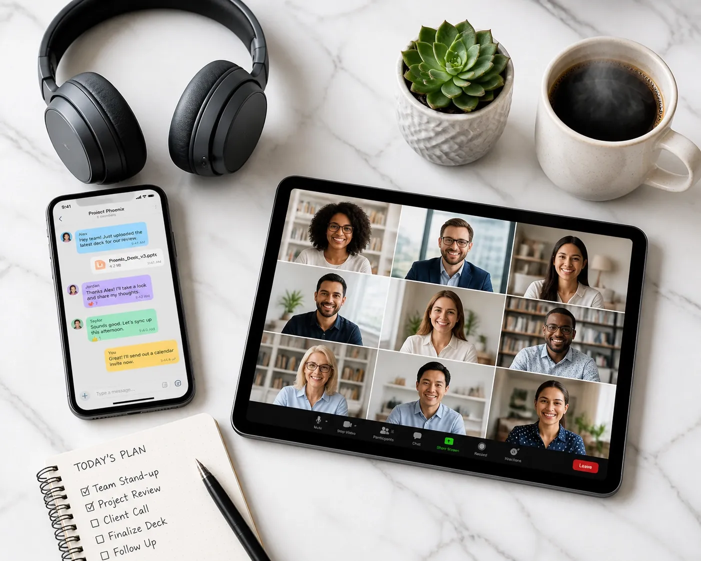 Cloud PBX messaging and video conferencing tools on a modern desk for small business productivity.