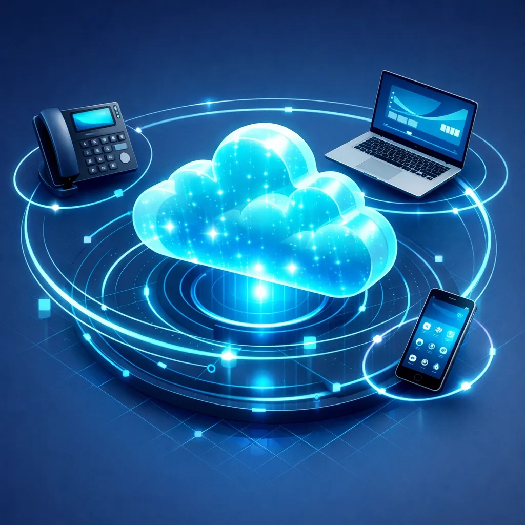 Illustration of hosted PBX systems connecting various devices to a digital cloud for business communication.