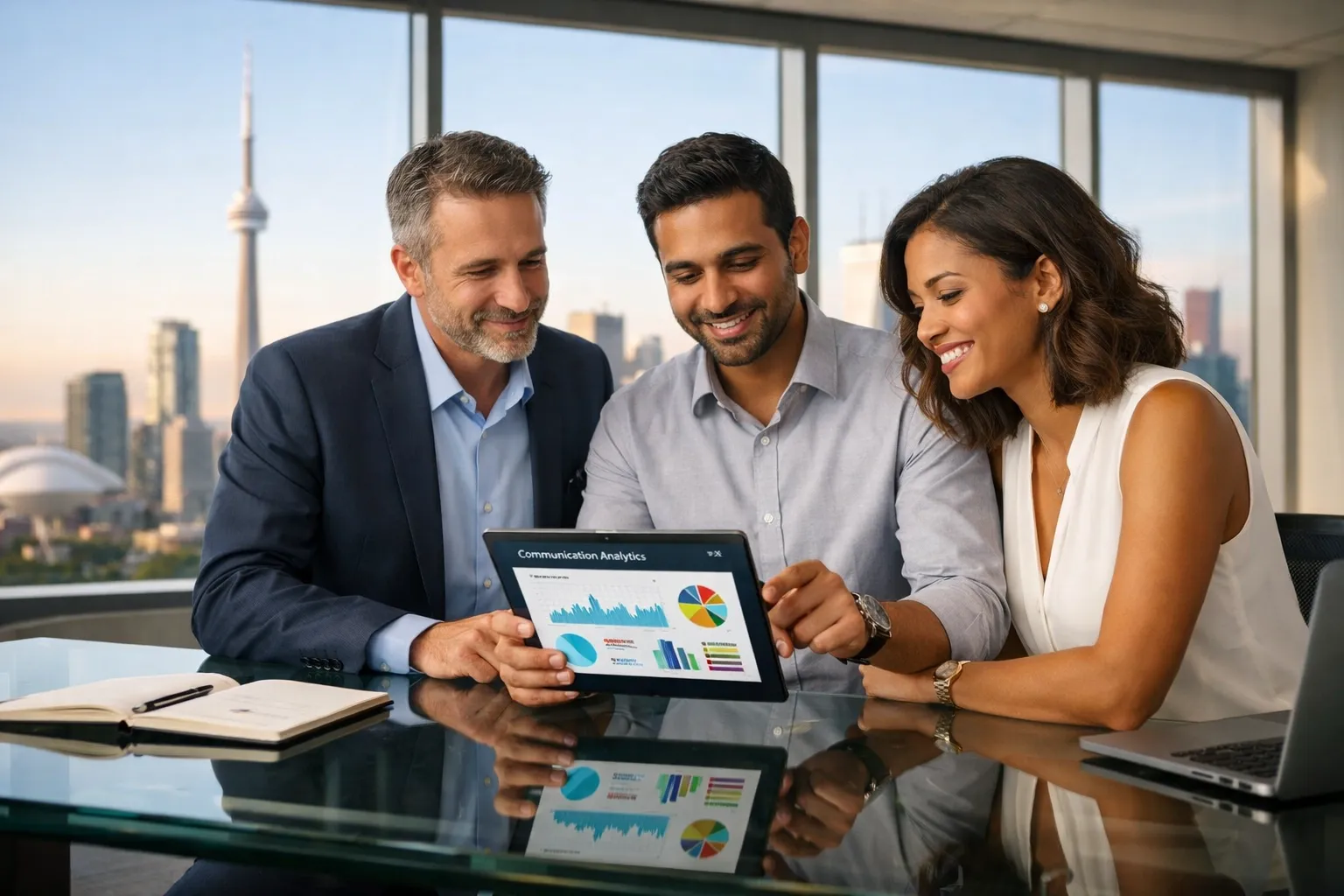 Business professionals in a modern Canadian office reviewing digital communication data on a tablet.