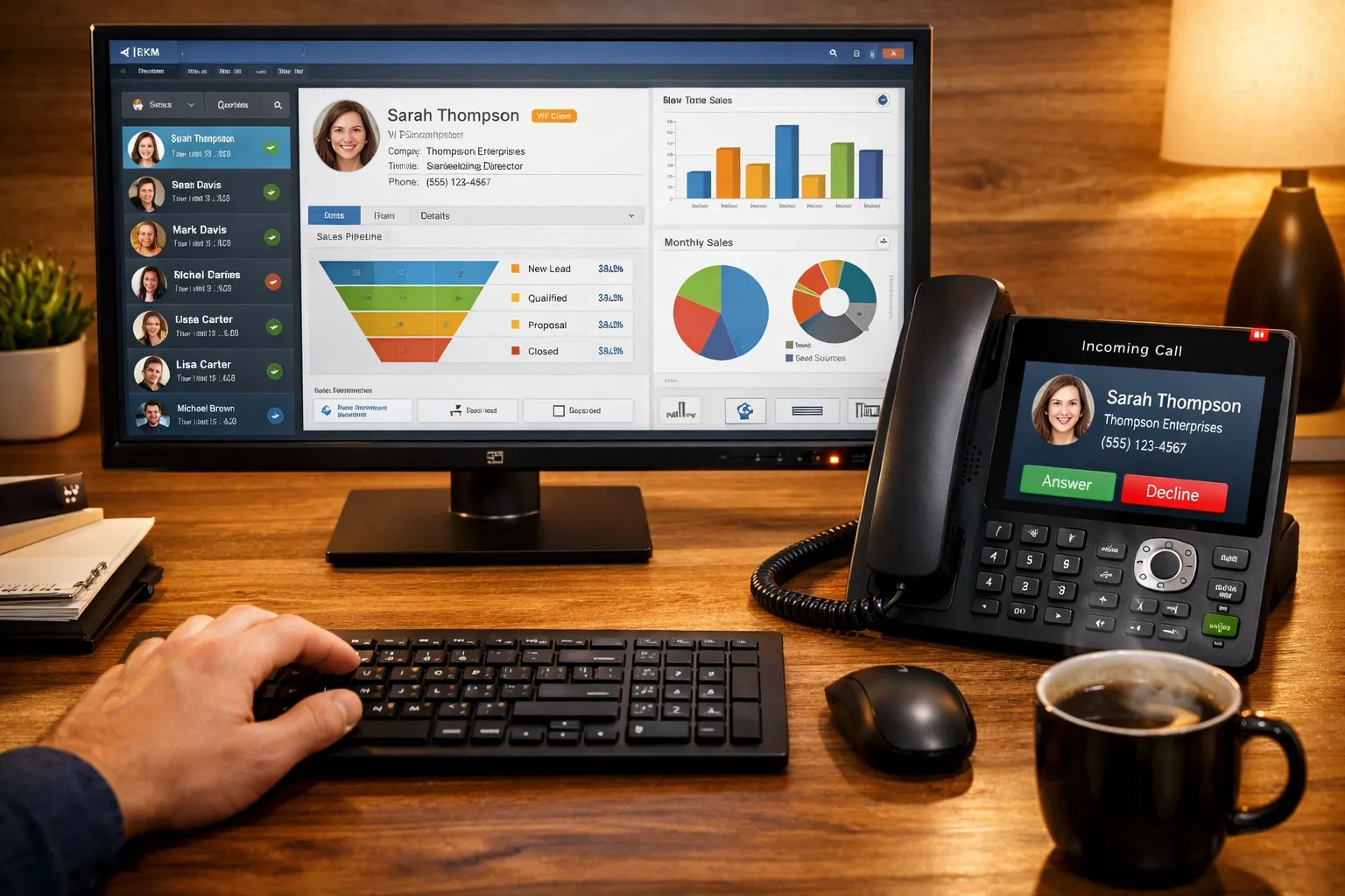 Workspace with an IP phone and CRM software integration showing customer data during a business call.
