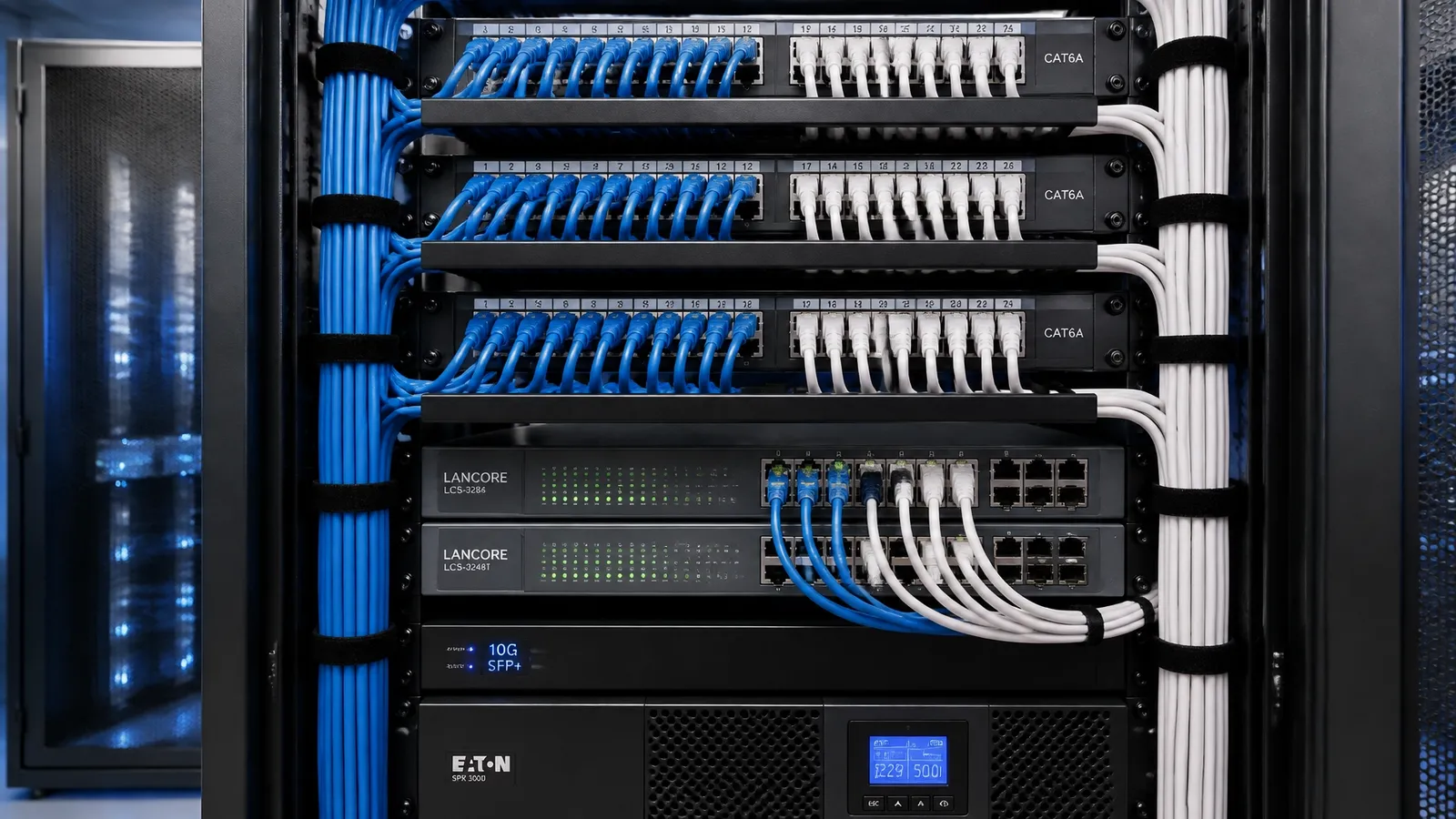 Professional structured cabling in a server room to support business VoIP systems