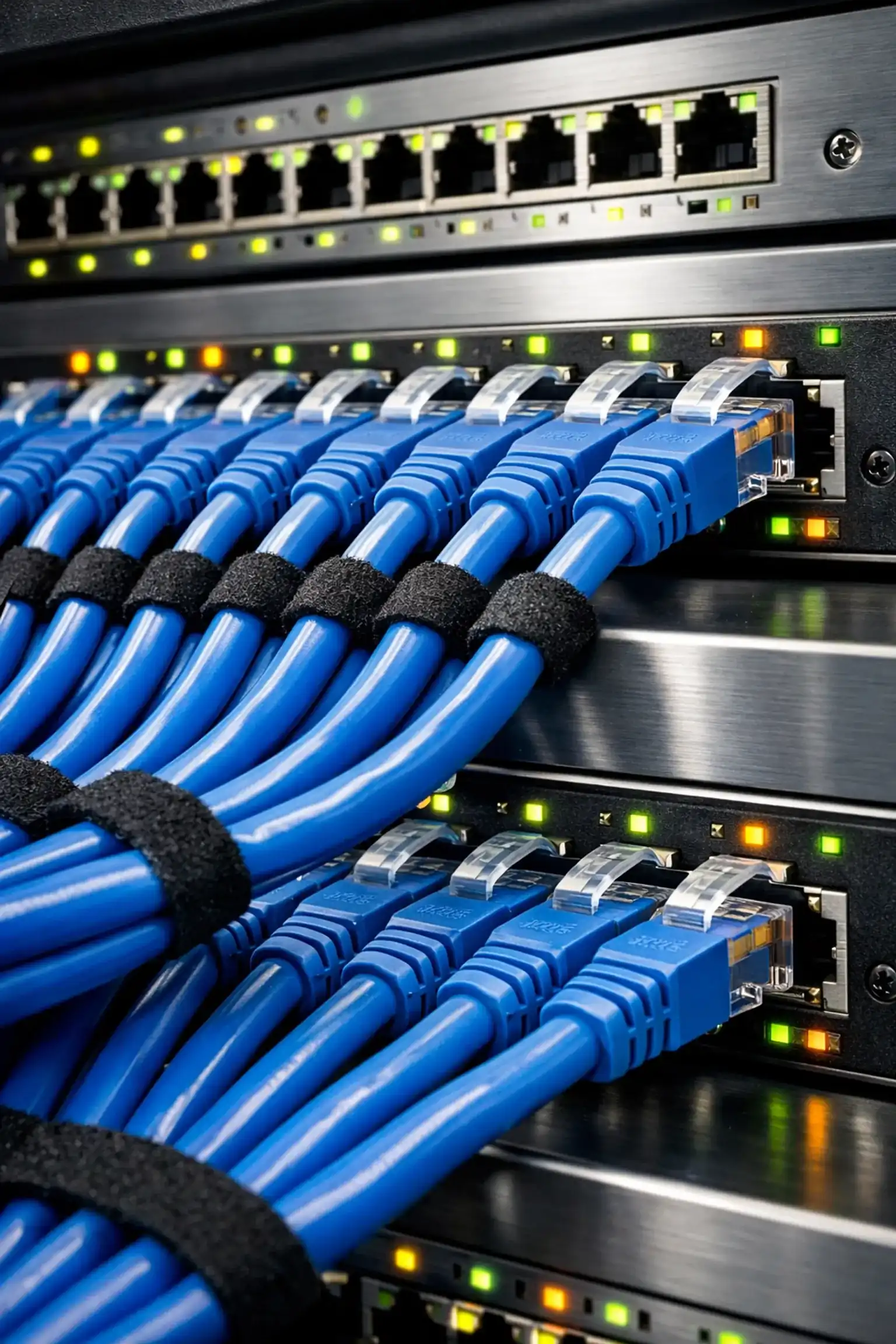 Professional structured cabling services with organized Cat6 wires for high-quality business VoIP Canada audio.