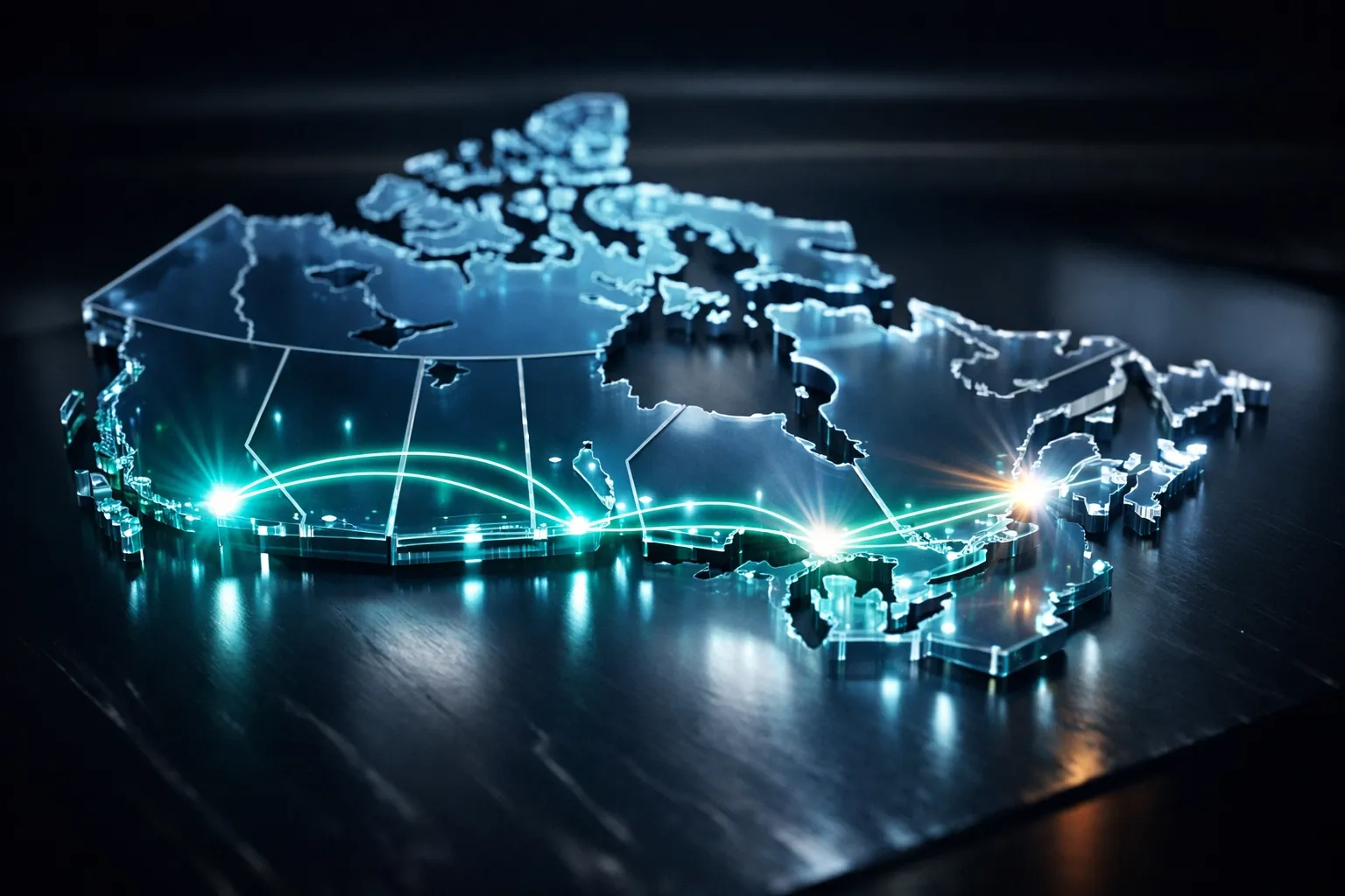 A map of Canada with glowing lines representing a unified cloud PBX network connecting multiple branch locations.
