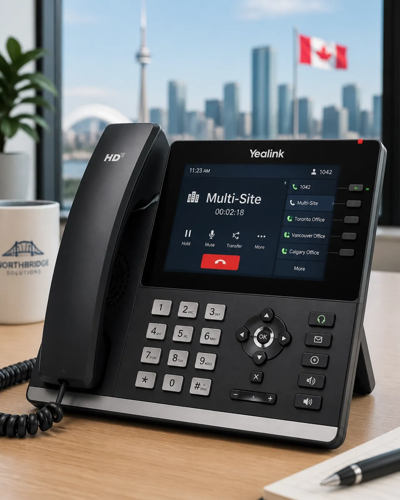 A close-up shot of a modern, high-quality IP business phone sitting on a clean wooden desk in a bright Canadian office with a blurred city view.