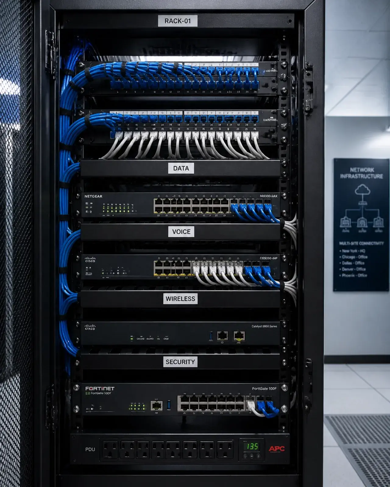 A view of a professionally installed server rack with neatly organized, labeled blue and white Ethernet cables, representing structured cabling services.