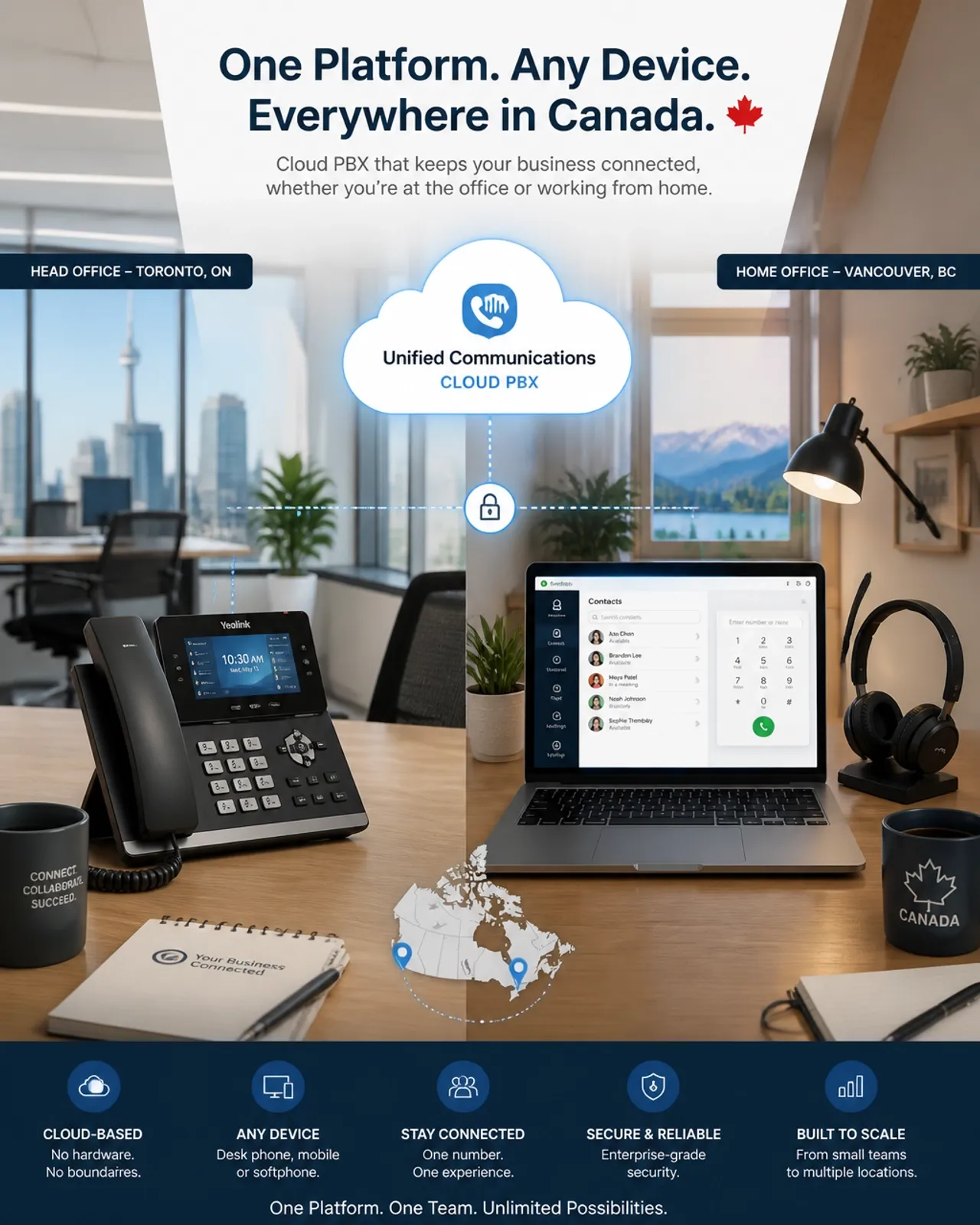 A professional composition showing a clean corporate office desk with an IP phone on one side and a professional home office setup on the other, both connected to the same platform.