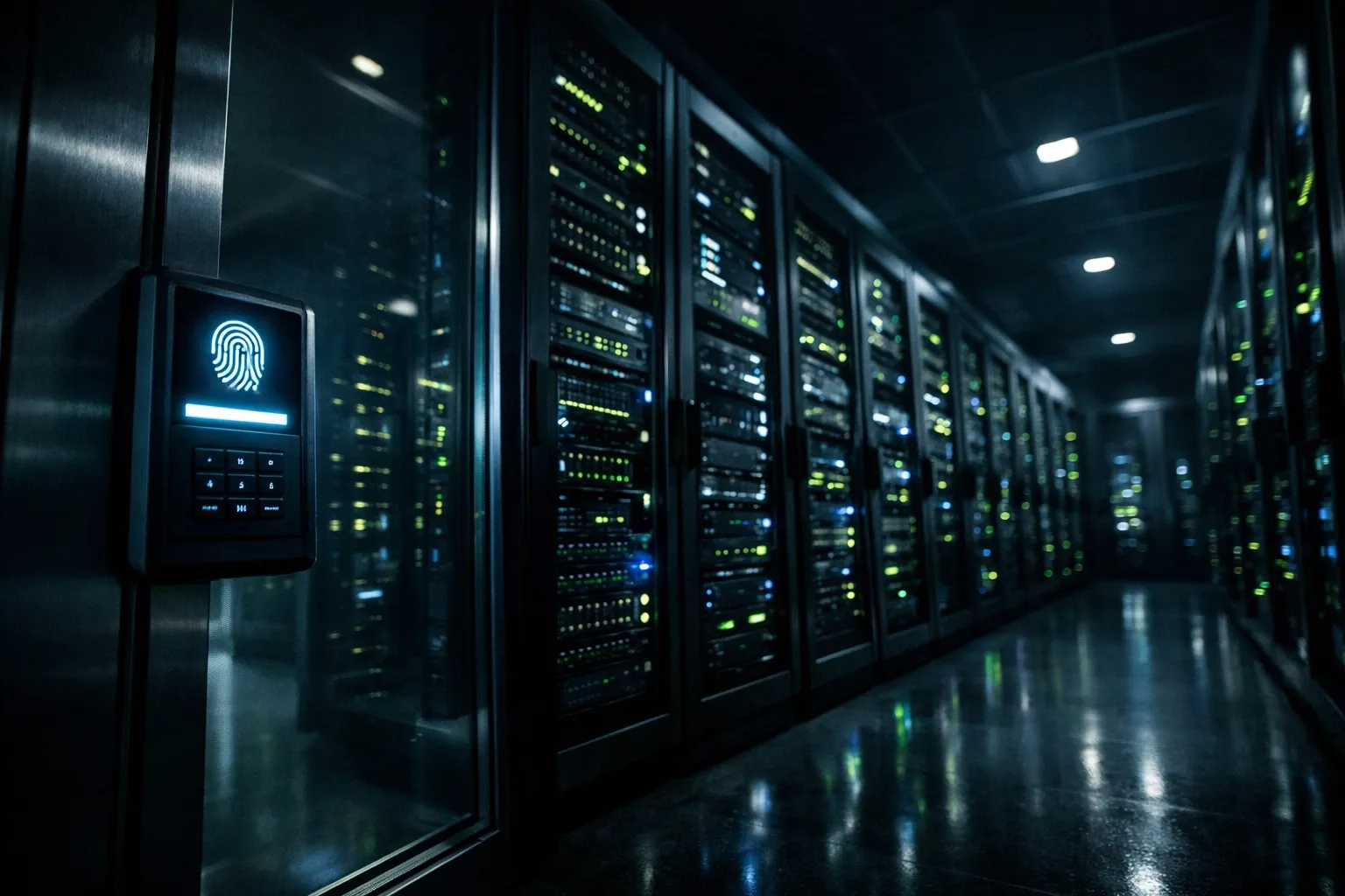 Secure server room featuring organized infrastructure and biometric access control for business network security.