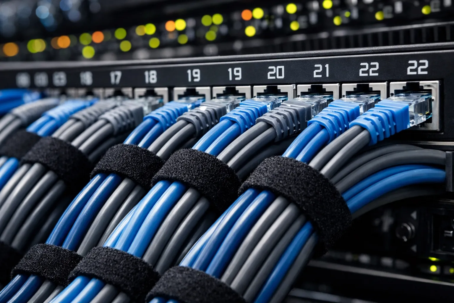 Organized network patch panel with bundled Ethernet cables and labels for efficient IT support and troubleshooting.