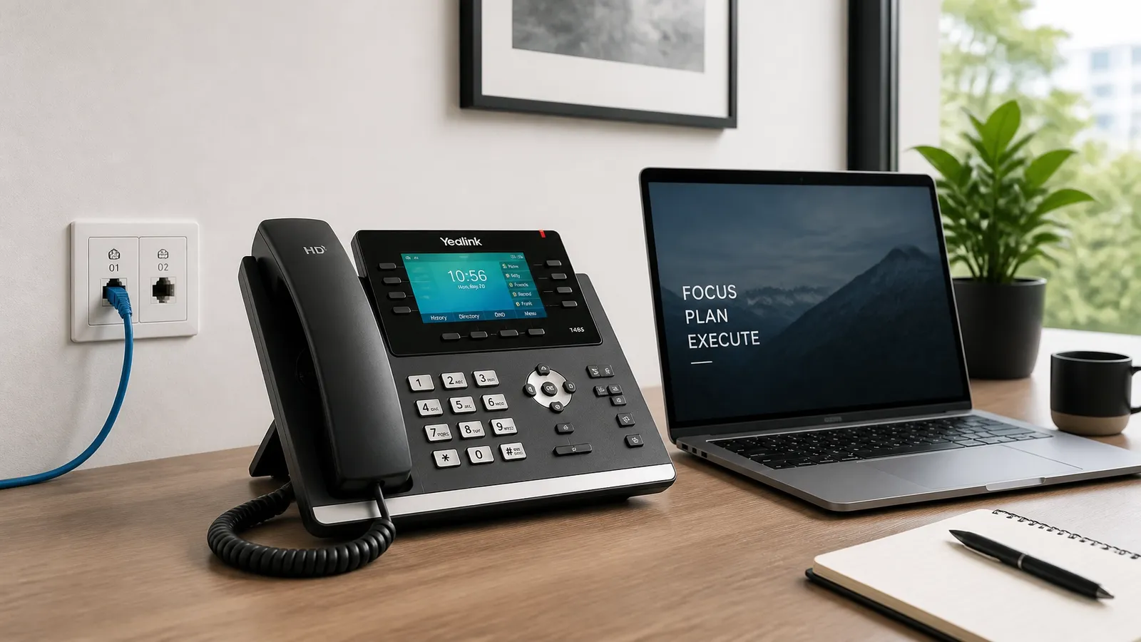 A modern office desk showing a clean IP phone setup and organized network outlets