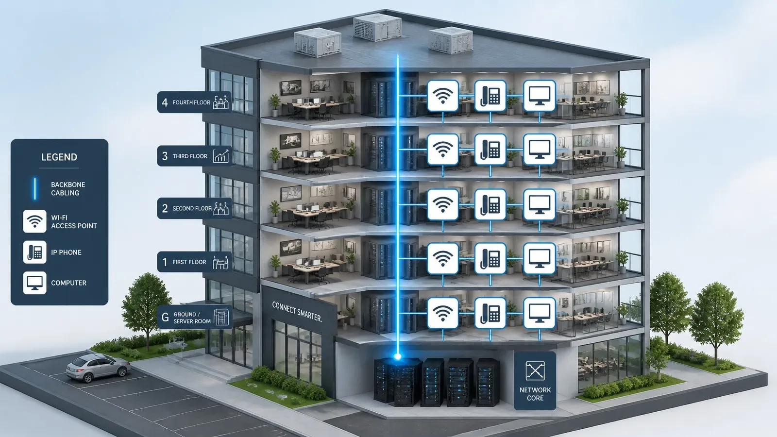3D illustration showing a building's network backbone and how it scales across multiple floors