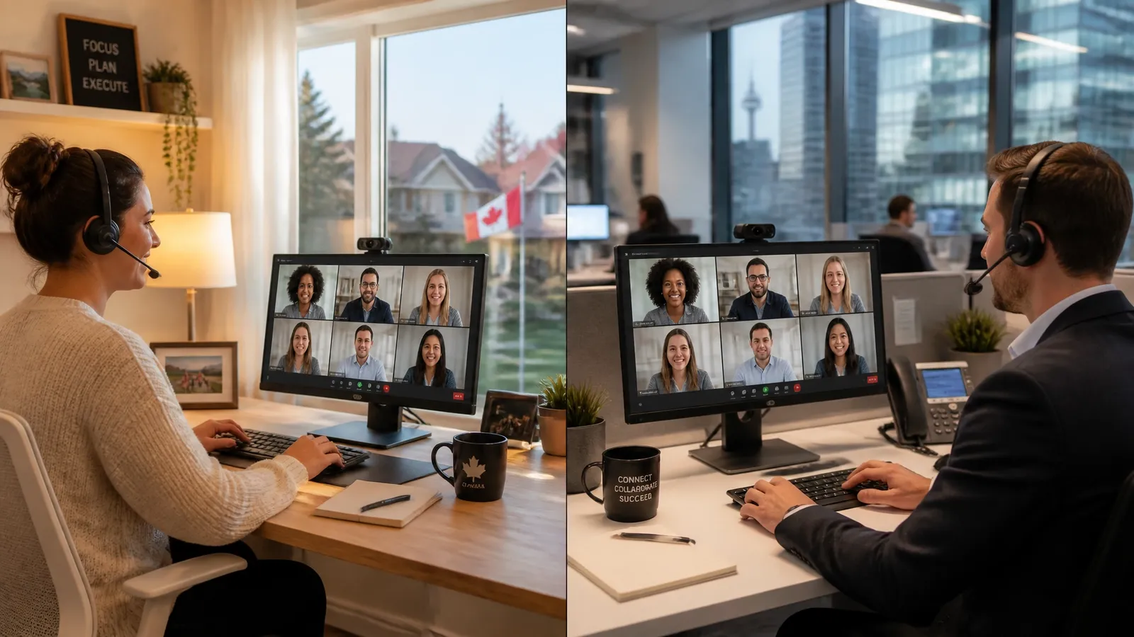 A split-screen view of a professional working seamlessly from a home office and a downtown office via unified communications.