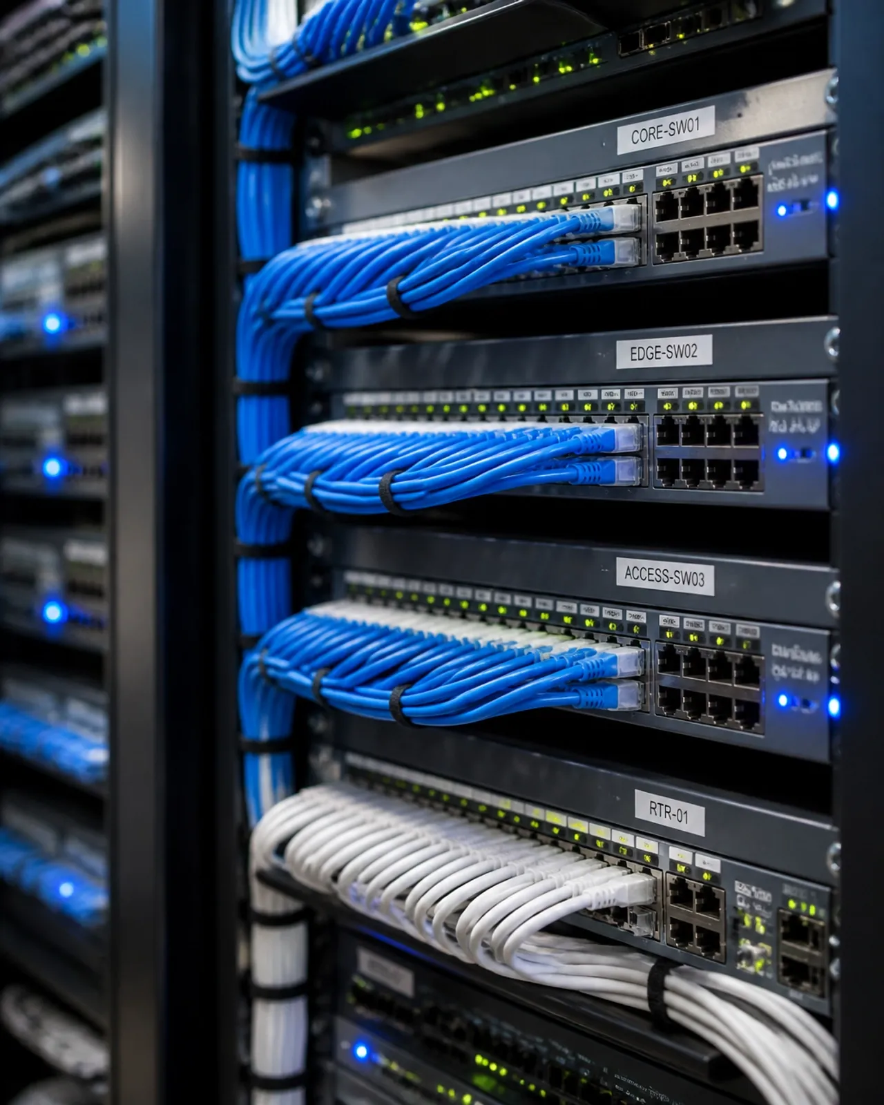 Professionally organized server rack showing high-quality structured cabling work.
