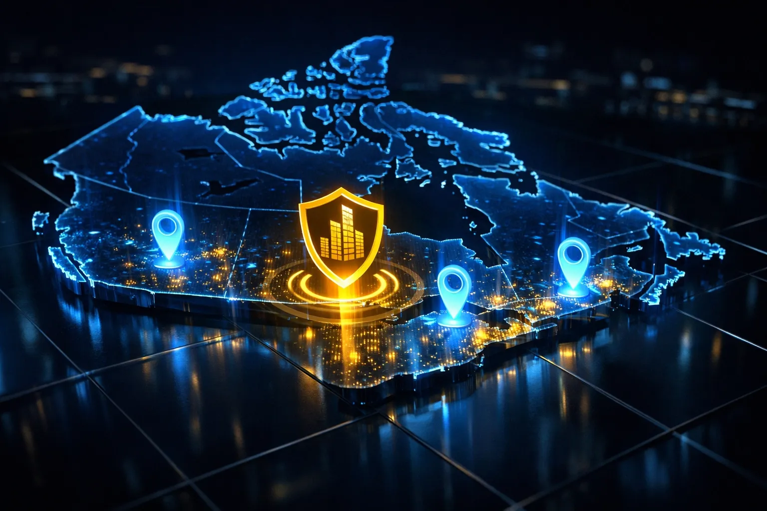 Digital map of Canada showing E911 emergency service location pins for business VoIP users.