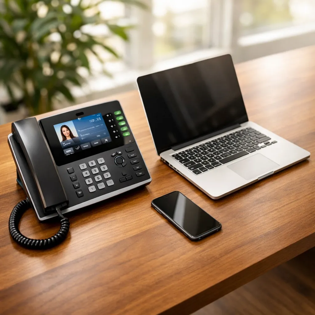 Modern IP desk phone and laptop on a professional office desk for cloud PBX systems.