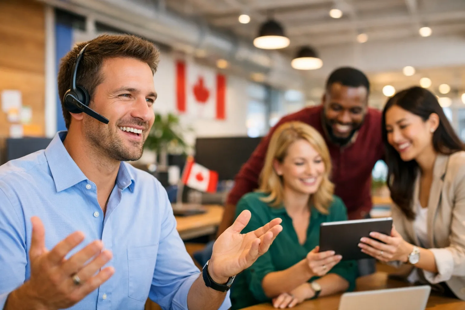 Professional team using high-quality VoIP headsets in a modern Canadian business office environment.