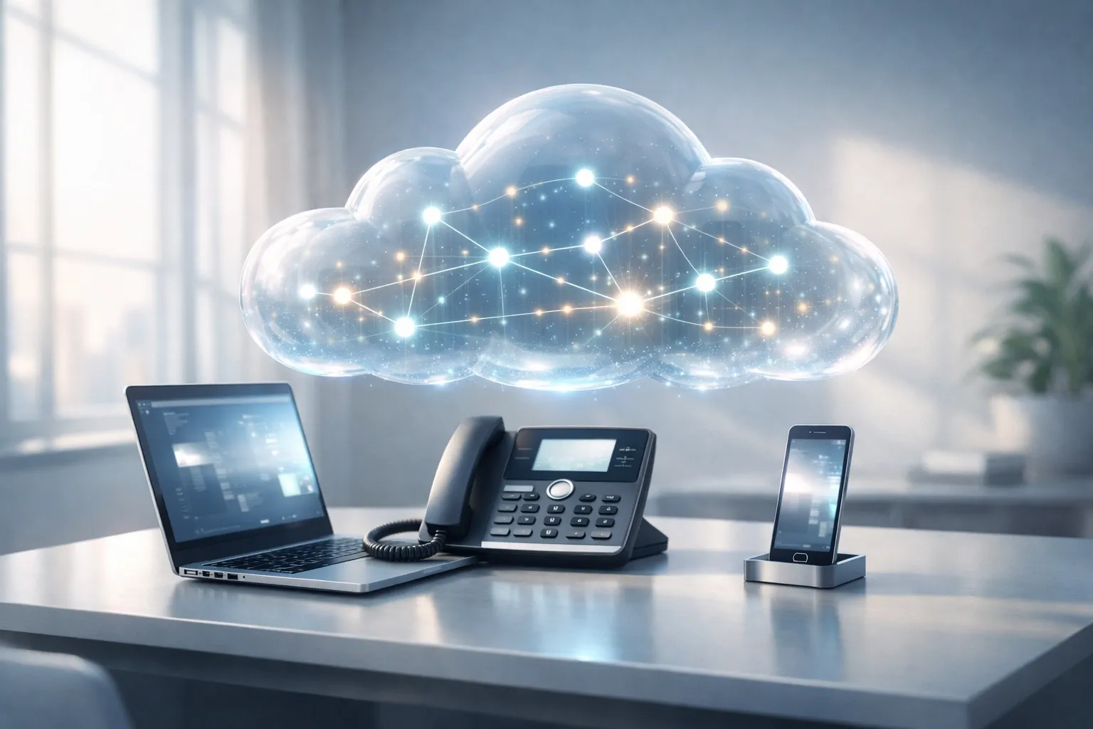 A digital cloud representing cloud PBX Canada services connecting an office desk with remote devices.