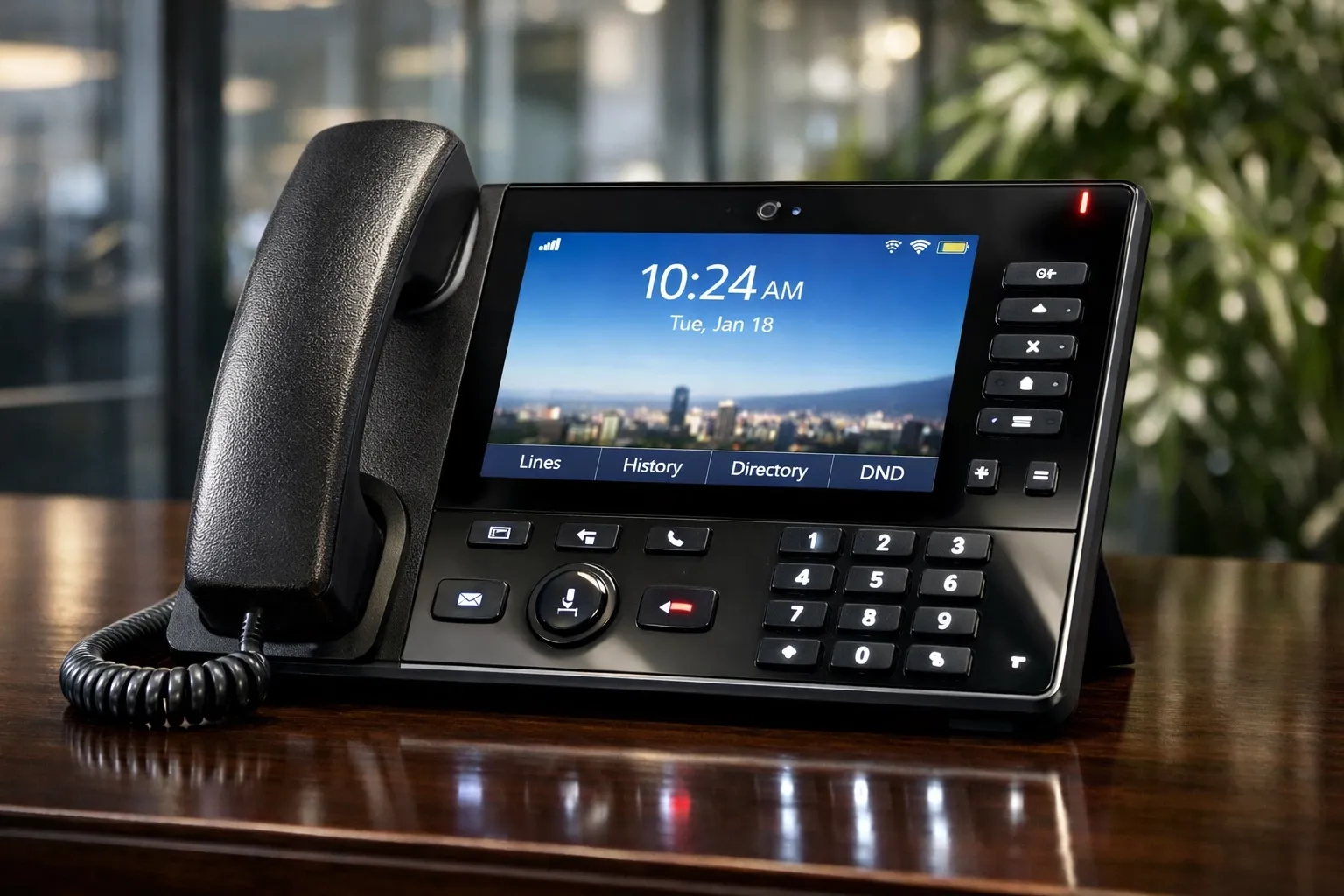 A premium executive IP phone on an office desk, showcasing business VoIP Canada hardware tools.