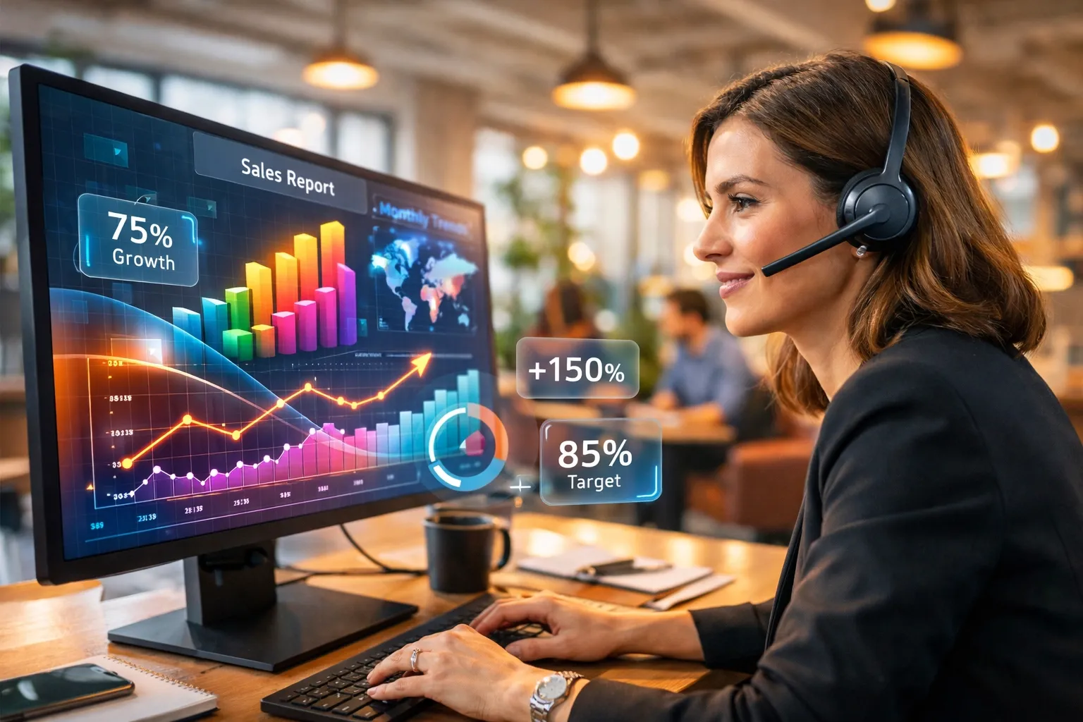 A professional utilizing a headset and monitor to manage integrated business communication solutions.