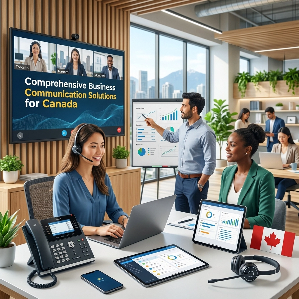 98ZNwxOWQJI - Voiswitch - Voiswitch Diverse team presents data in a bright office; large screen reads 'Comprehensive Business Communication Solutions for Canada'.