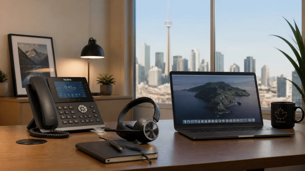Modern home-office setup with a black Yealink desk phone, headset, and a laptop on a wooden desk by a window overlooking a city skyline.