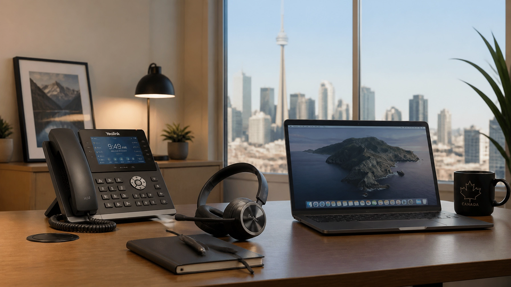 AYbcoF5UUxk - Voiswitch - Voiswitch Modern home-office setup with a black Yealink desk phone, headset, and a laptop on a wooden desk by a window overlooking a city skyline.