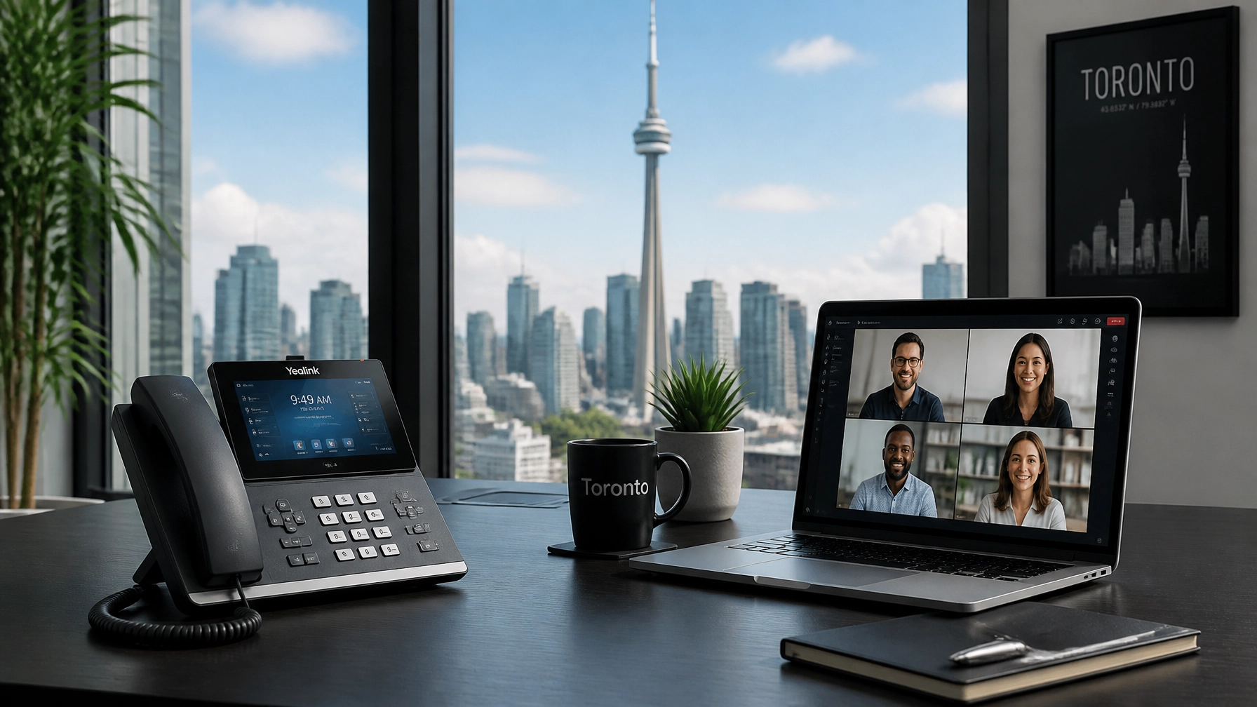 Office desk setup featuring a laptop in a video conference with four participants, a Yealink phone, and a black Toronto mug, with a city skyline visible through large windows and a small potted plant nearby.