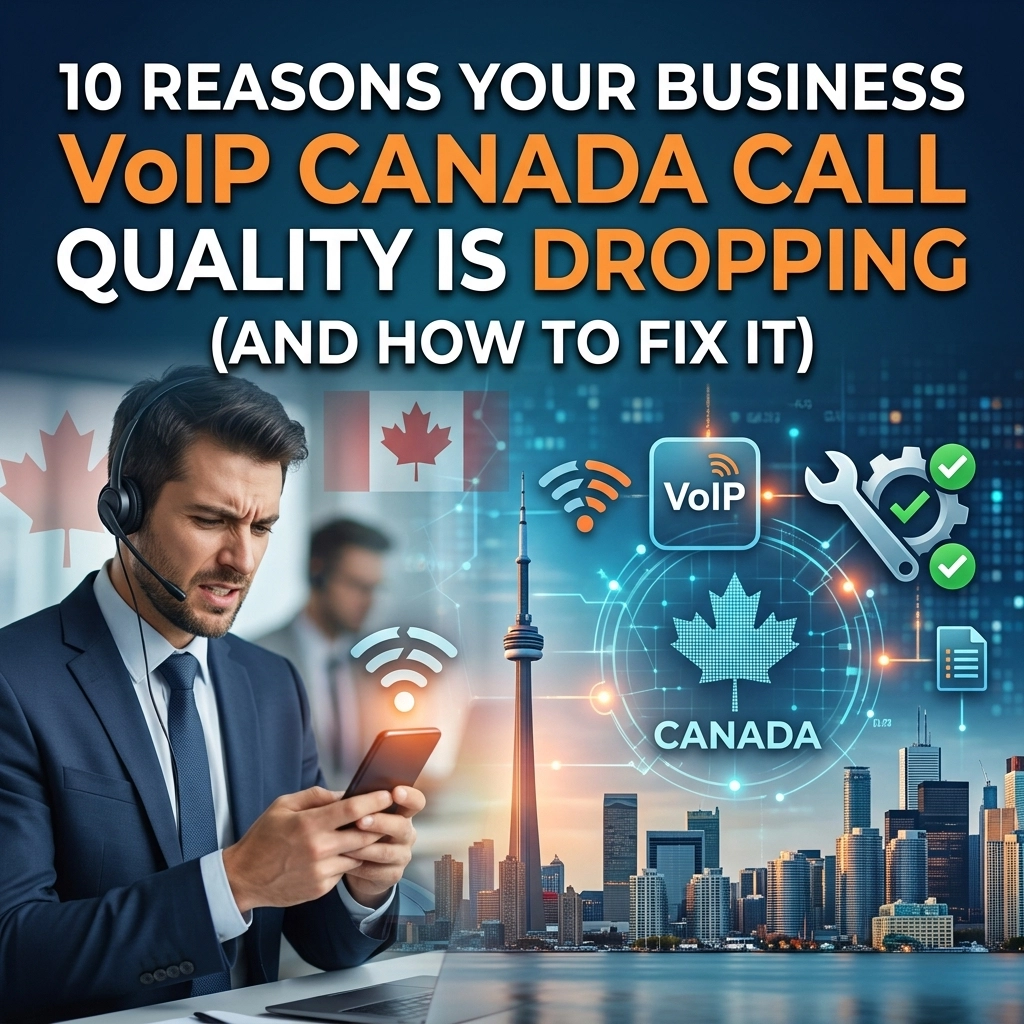 Businessman in a suit with a headset looks at a smartphone amid a digital Canada/VoIP graphic.