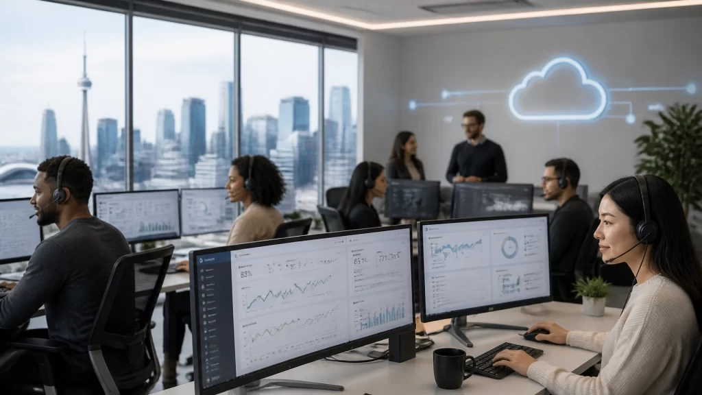 Open-plan office with coworkers at desks and multiple monitors showing charts; a neon cloud graphic on the wall behind them.
